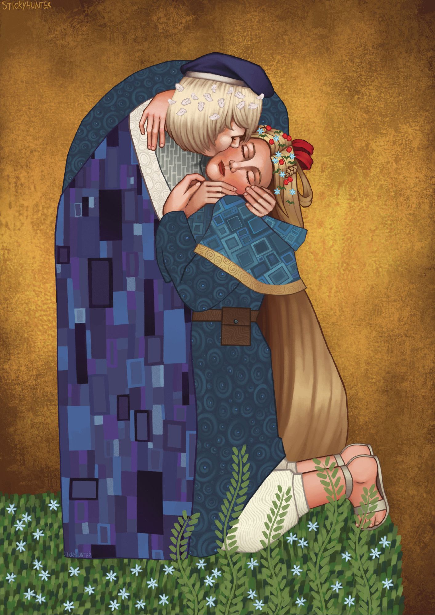 Falin and Marcille depicted as the figures from Klimt's artwork "The Kiss"