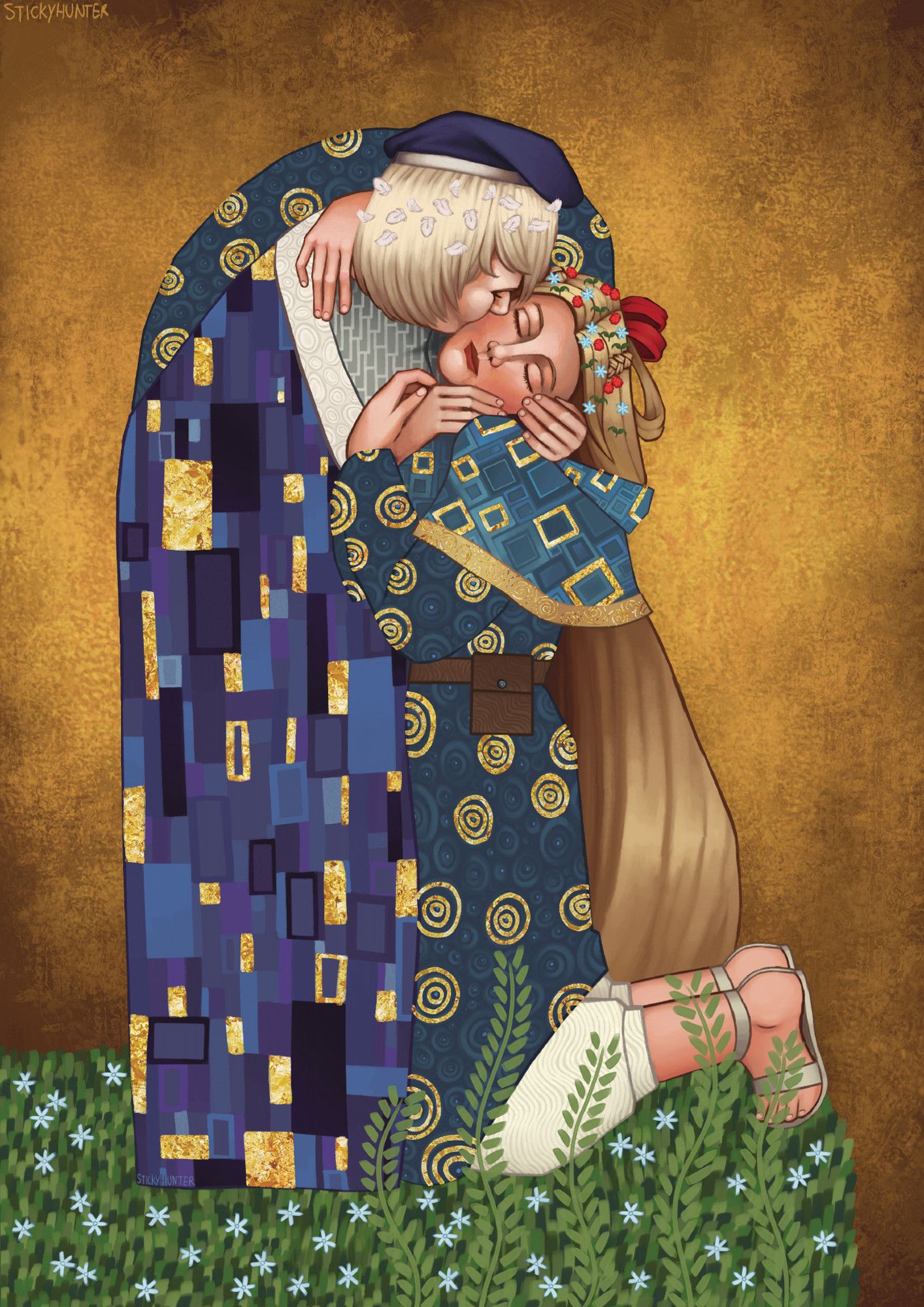 Falin and Marcille depicted as the figures from Klimt's artwork "The Kiss" with cold inlay on several shapes