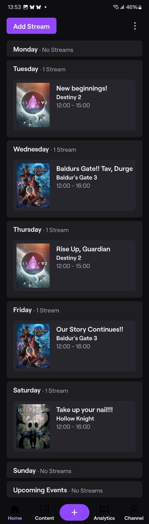 Weekly Twitch Streaming Goal 😊 Sunday and Monday my off days, Tuesday and Thursday Destiny 2 at noon-ish, Wednesday and Friday Baldur's Gate 3 at noon-ish, and Saturdays are whatever! Im in to Hollow Knight right now so that's what I'll be streaming!