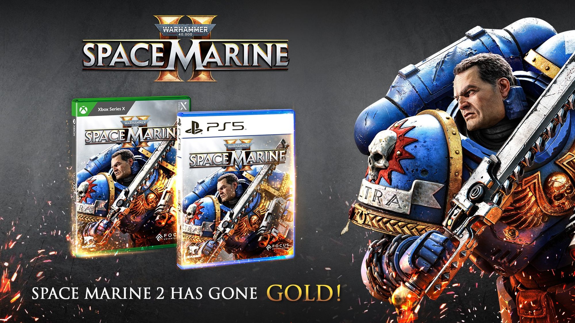 A visual displaying two Space Marine 2 physical editions, one for PS5 and one for Xbox Series X. The game's logo is located above them and the text "Space Marine 2 has gone gold!" is below. The background is grey.