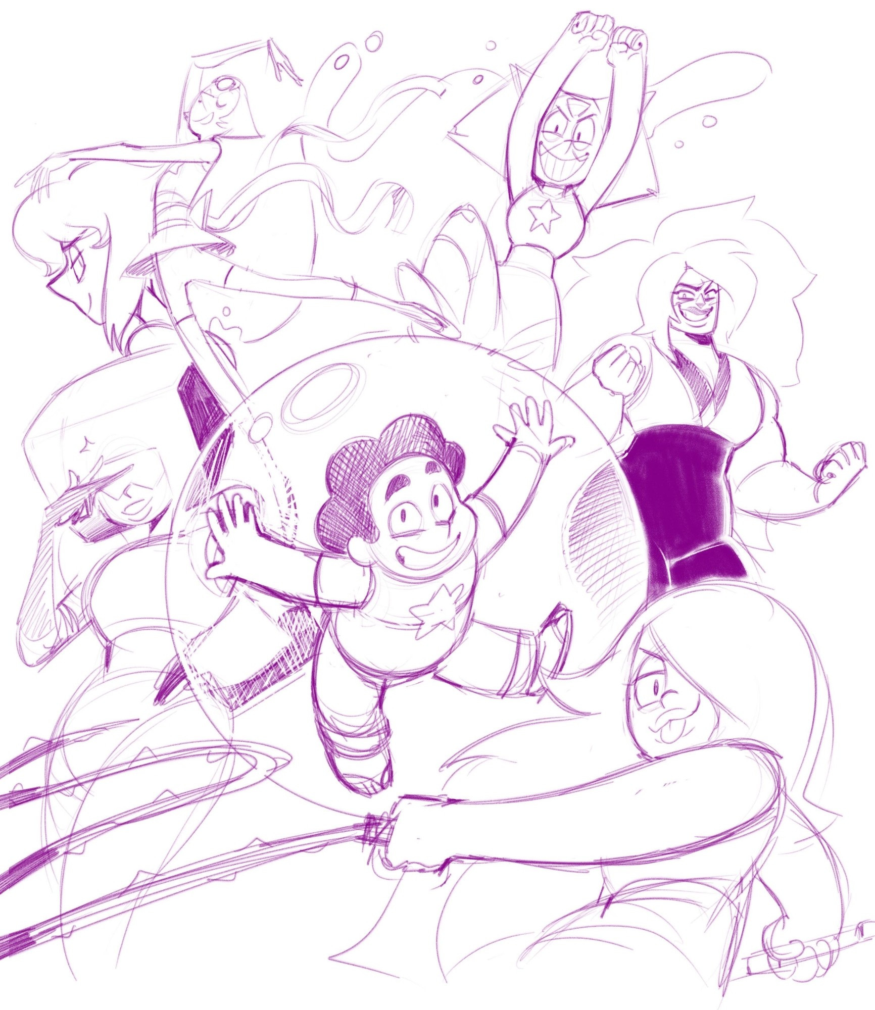 A sketch in purple of Steven Universe happily posing in a bubble with Garnet, Amethyst, Pearl, Peridot, Lapis and Jasper all around him in various dynamic poses