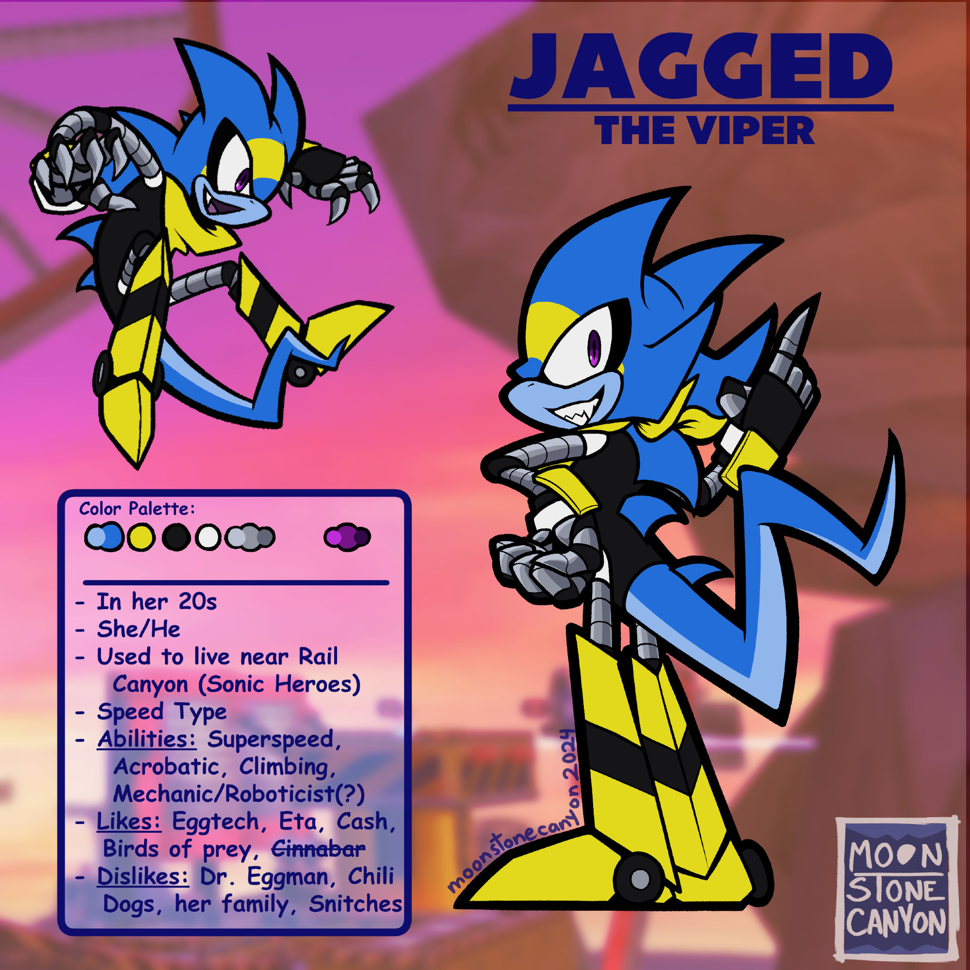 Reference Sheet of my sonic oc, Jagged the Viper. She's a sky blue-colored snake Mobian with robotic limbs, 4 head spines at the back of her head, 3 back spines, and a bent/jagged zigzag tail. She has purple eyes, a yellow band marking across her face and her muzzle + underside of tail is a light blue. She wears a matching yellow bandana and her robot legs are designed to look like yellow boots. Her robotic hands' design resembles black and yellow fingerless "gloves".