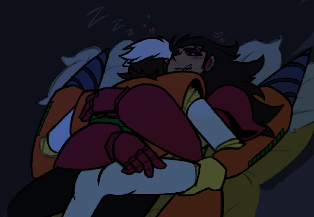 Metalman and Crashman sleeping together on a bed in the dark... Crash is fast asleep and sprawled out on top of Metal. Metal is awake and has him in a gentle, comfortable embrace. Metal looks cozy and happy. Both are helmetless. 