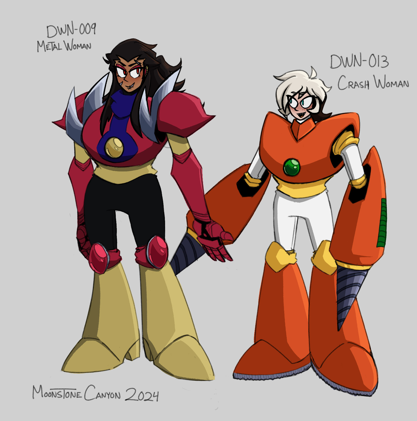 Genderswapped versions of my versions of Metalman and Crashman from Megaman 2. Colored and shaded quick reference pics of them :)