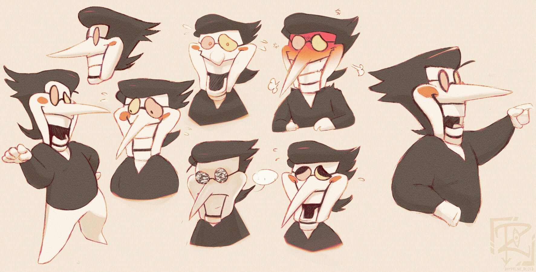 six expressions (angry, surprised, unsure, upset with static eyes, and nervous laughing) and two poses (one pointing to the side, another with a hand on hip and hand outspread) of Spamton from Deltarune. HYPRLNK_SPAMTON