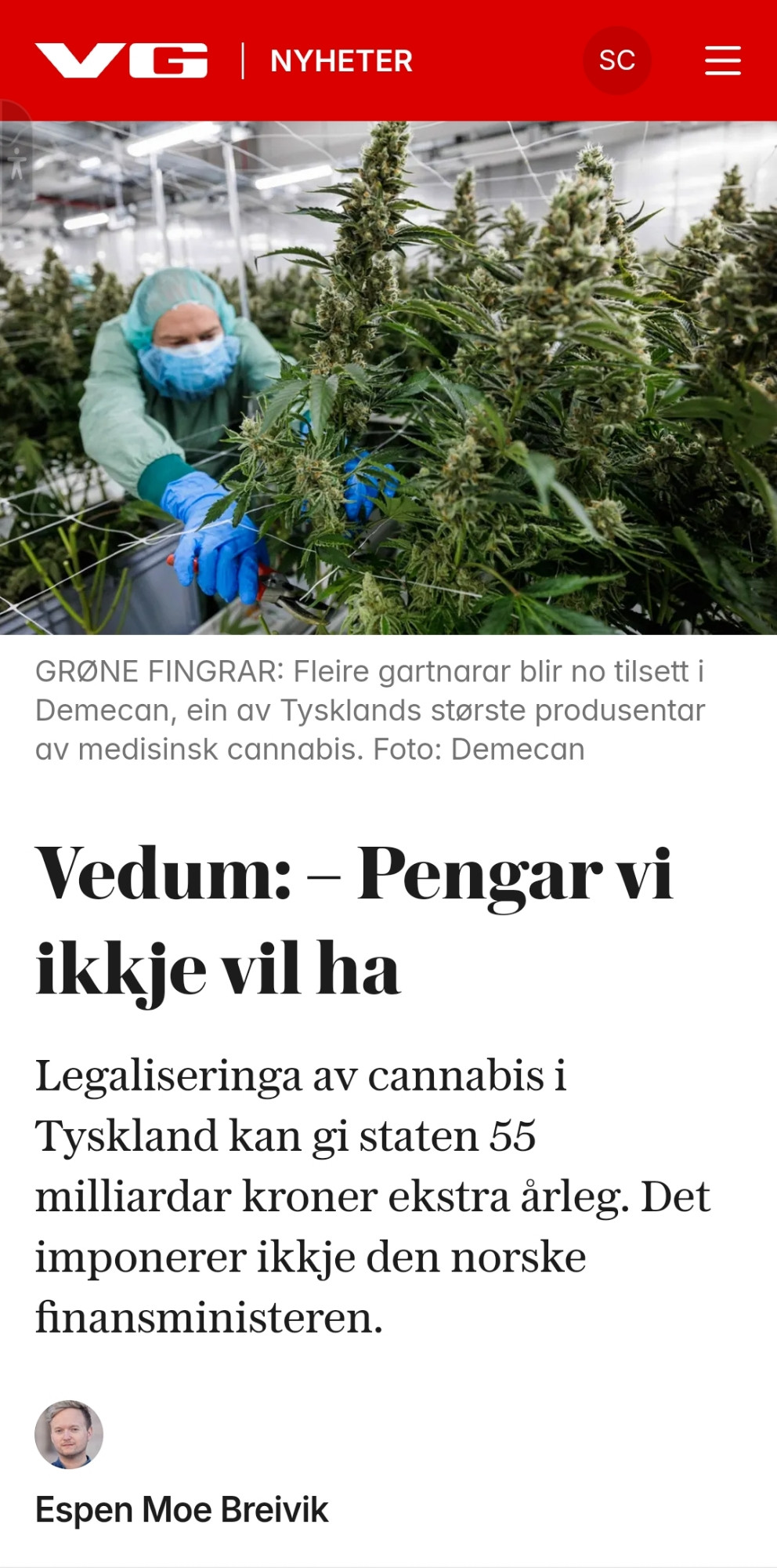 Bilde av gartner som dyrker det grønne gullet: narkohasj

Vedum: - Pengar vi ikkje vil ha Legaliseringa av cannabis i Tyskland kan gi staten 55 milliardar kroner ekstra årleg. Det imponerer ikkje den norske finansministeren.