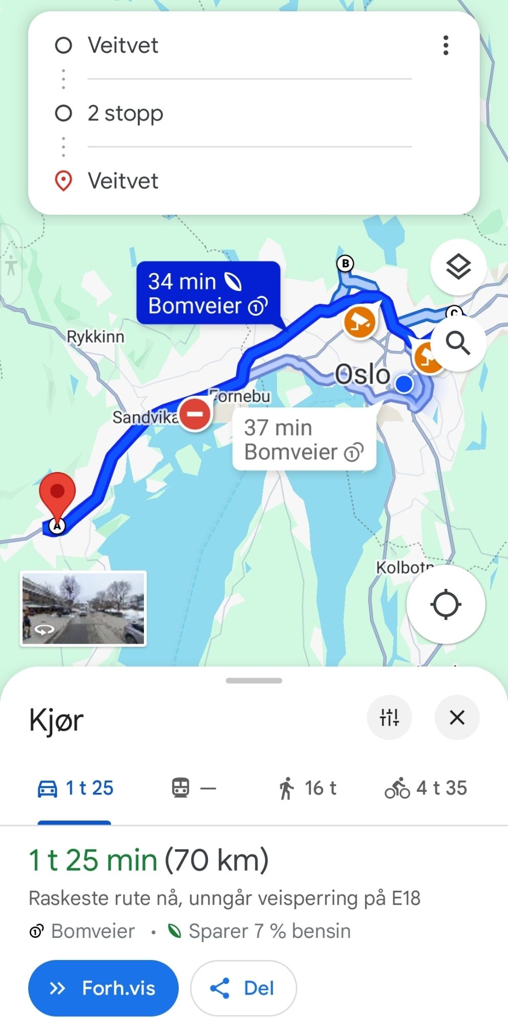 Google maps som viser ruta veitvet, Asker, sognsvann, veitvet. 70 km, 1:25t med bil (5 timer med sykkel, også viser den ikke kollektiv siden det er flere stopp)