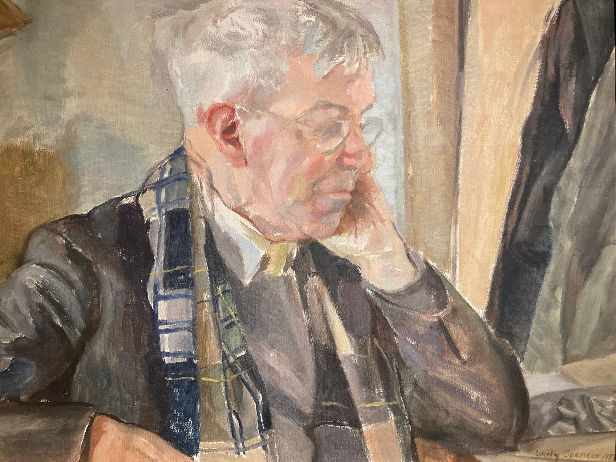 Unity Spencer (1930-2017)
Portrait of Stanley Spencer, 1957
Oil on canvas, 50.6 x 60.7 cm
Stanley Spencer Gallery
Spencer's daughter Unity was also a talented artist, as was her mother, Hilda Carline (1889-1950). Unity's portrait of her father shows him in a reflective mood. He is seated in front of Christ Preaching at Cookham Regatta, which is rolled up at its right hand side. The work-in-progress painting was a constant in Spencer's life throughout the 1950s, and appears in the background of several paintings and many photographs.