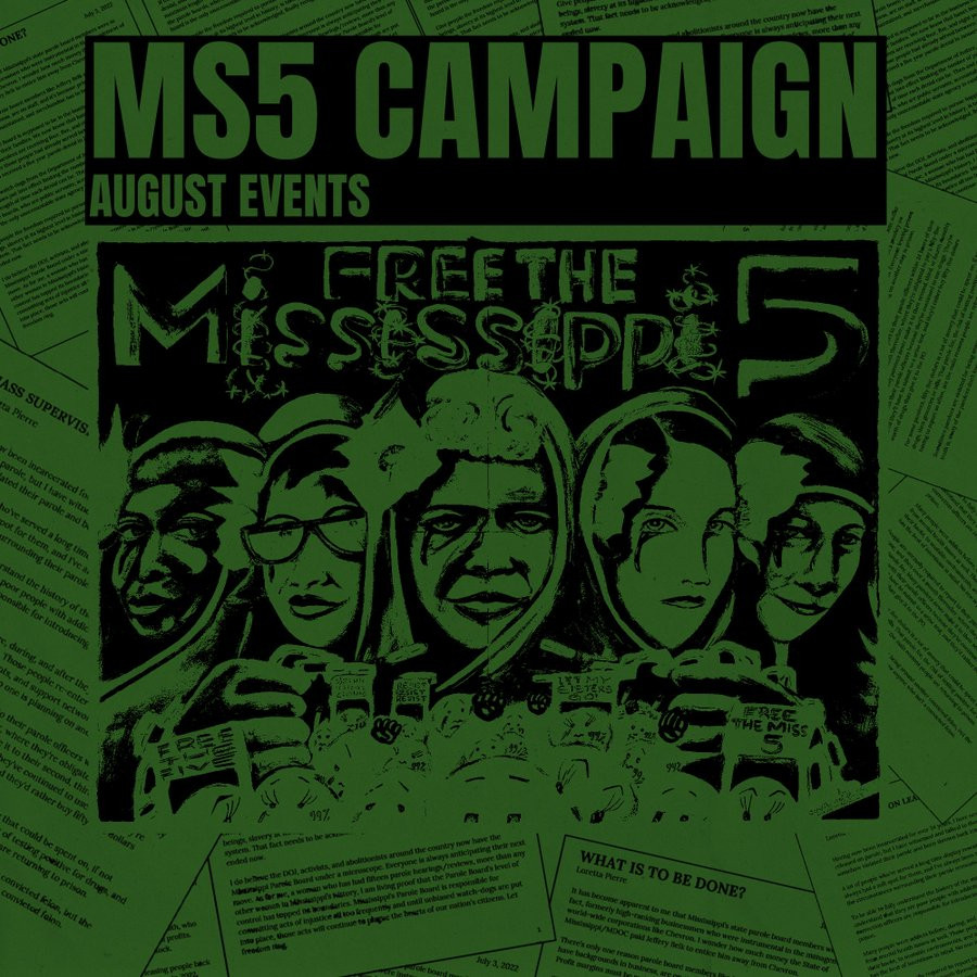 Poster featuring illustrations of five women. The text reads "MS5 Campaign August Events. Free Mississippi 5."