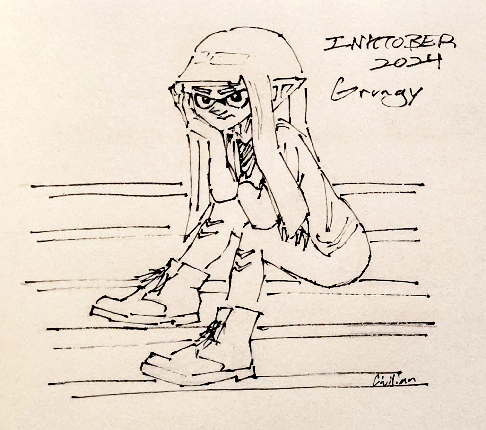 Inkling girl with hime cut sitting on stairs from Splatoon 3.
Platinum Preppy on recycled paper.