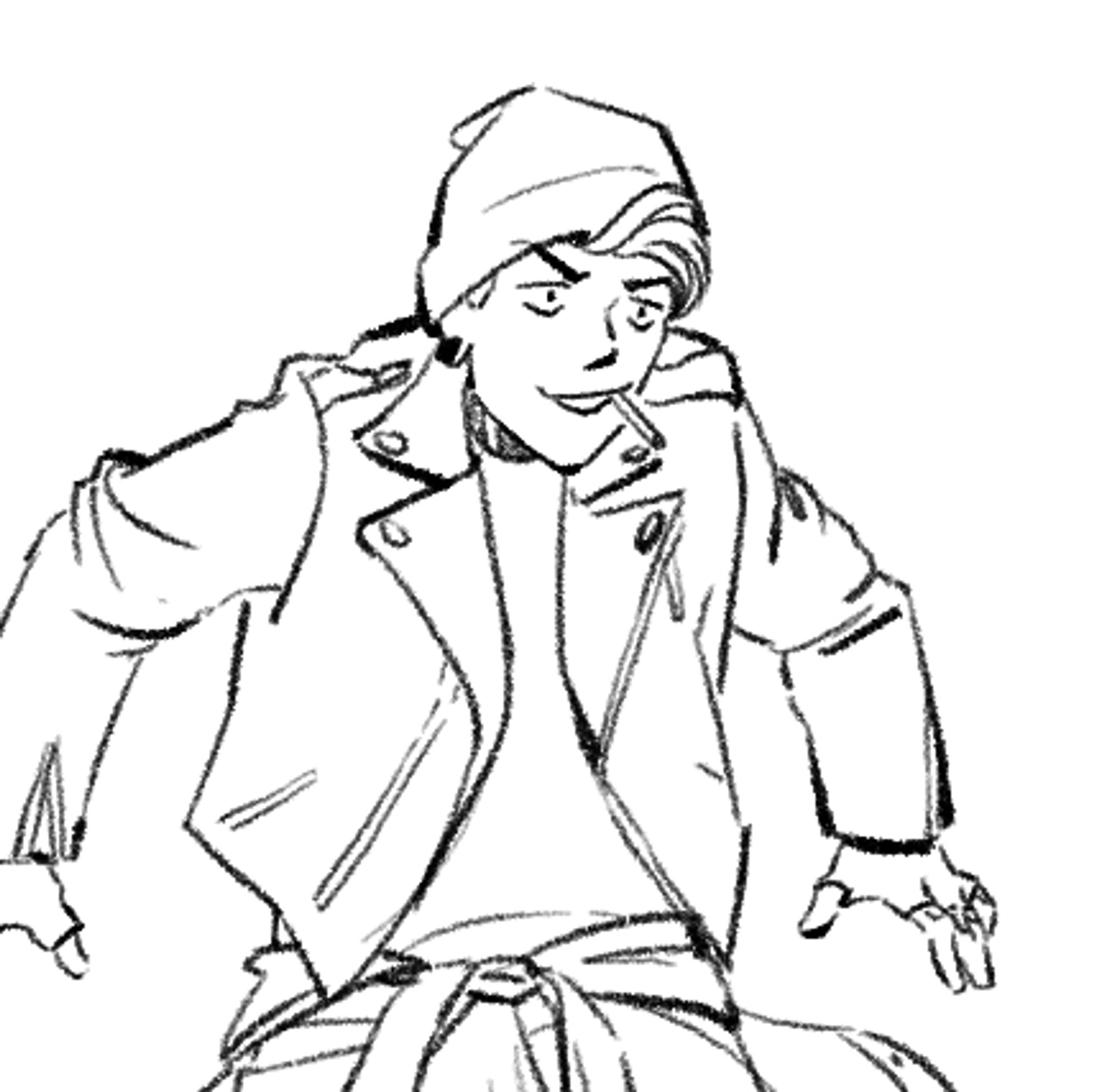 a small black and white ink drawing from a WIP comic panel. A dude in a leather jacket and a beanie is posing sort of like a gremlin who just got snuck up on