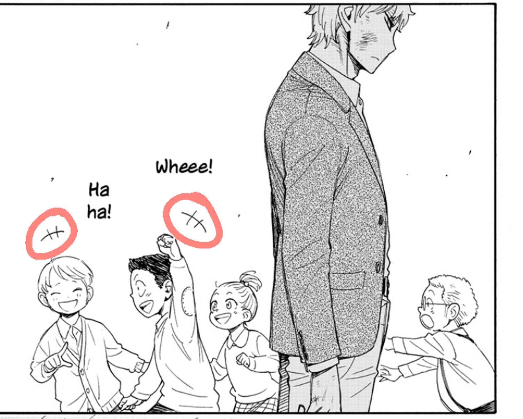 A panel from the English translation of SPY X FAMILY, where a little marking has been circled by the poster.