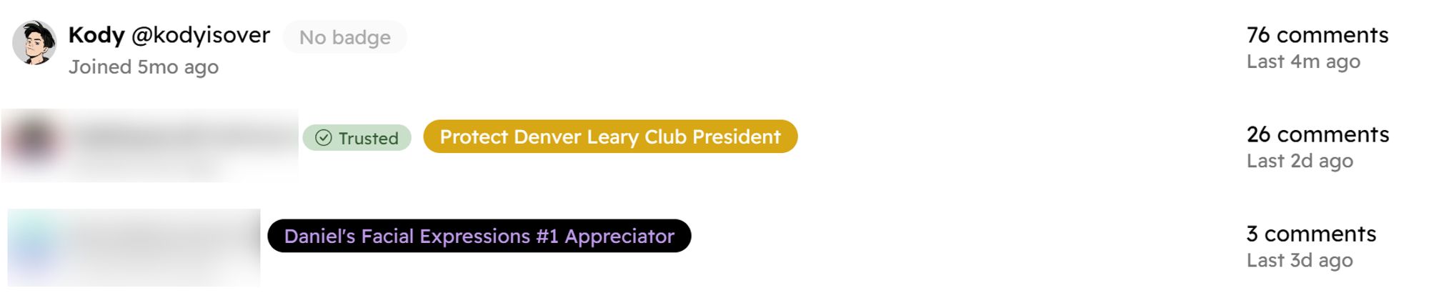 A screenshot of a Hyvor Talk user console showing two users have been given the badges "Protect Denver Leary Club President" and "Daniel's Facial Expressions #1 Appreciator"