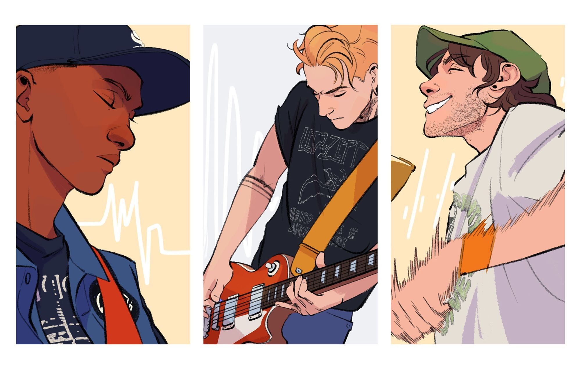 Part of a comic page from the webcomic KEEPING TIME. 

Panel 1: A close up of Stef, the bassist, his eyes closed beneath his baseball cap. Stark, evenly spaced together lines of music denote the even strumming of his bass guitar.

Panel 2: Denver plays a chord far up the neck of his Gibson Les Paul, frowning slightly. The lines symbolizing his music swing wildly from high to low.

Panel 3: Finally, the drummer, is grinning as he plays the drums, his music lines broken up in a staccato pattern. Beneath all his scruffy beard stubble, his giant grin is wide enough to make up for how neither of his bandmates weren't smiling at all.