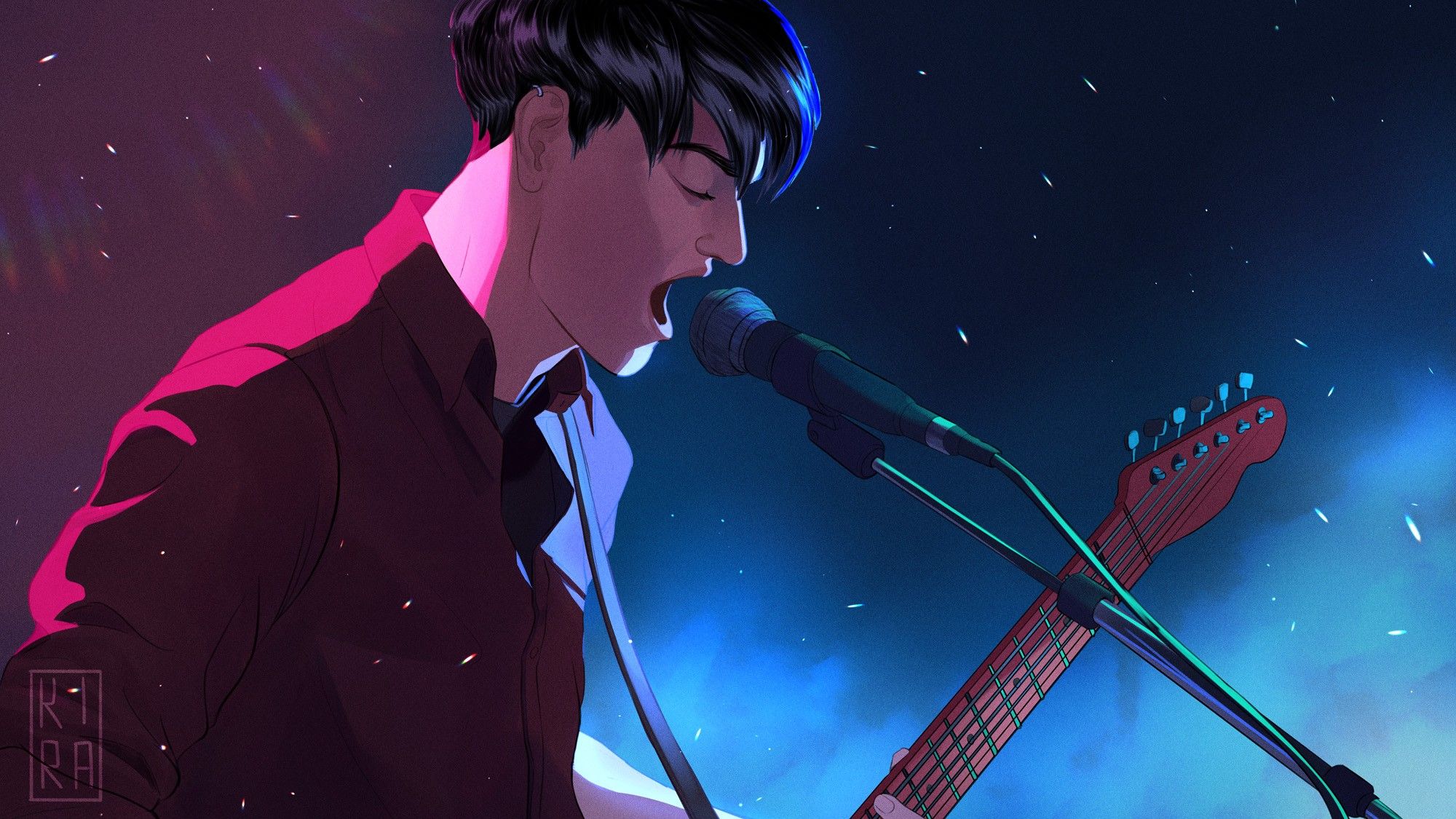 A drawing of a man with black hair singing into a microphone, while just the neck of his guitar is visible. The lighting and faint fog suggest he is on stage. He is lit from bright pink lighting from behind, and blue lighting from the front.