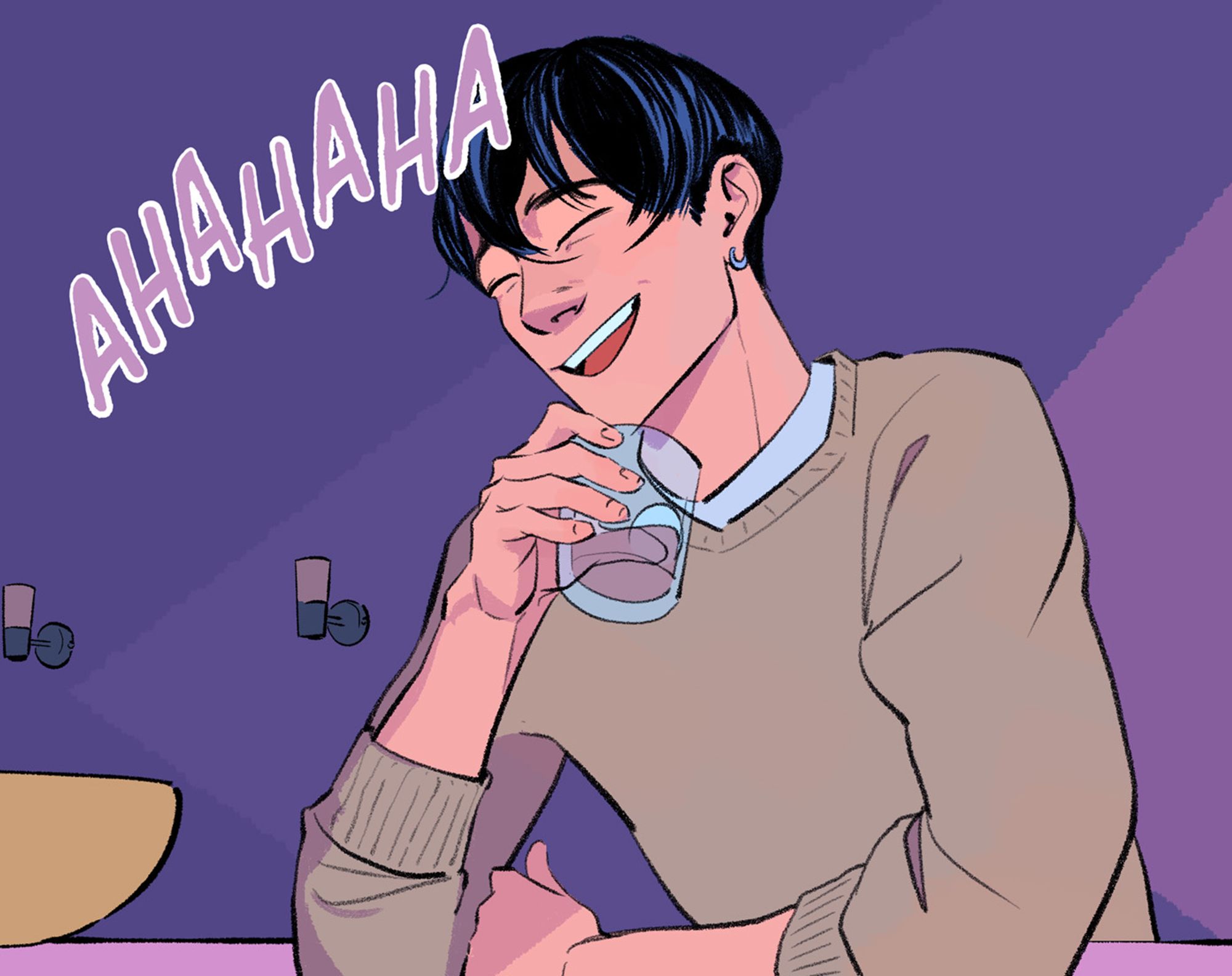 Part of a comic panel from Keeping Time. Daniel, an Asian man with dark hair and in a sweater, leans his elbows on a counter surface and laughs while holding a drink in one hand.