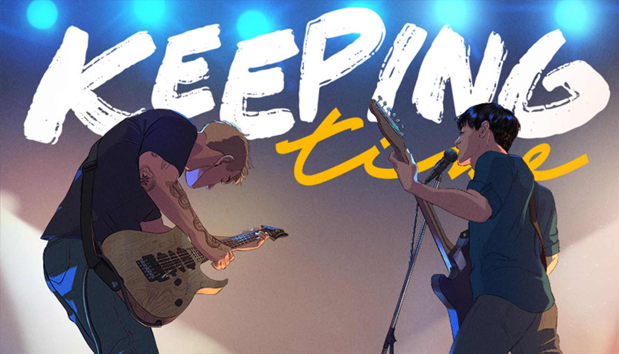 A full color illustration of two men playing guitar, as seen from behind and below. The man on the right is a blond with tattoos. The man on the right sings into a microphone. Behind them, a logo for "Keeping Time."