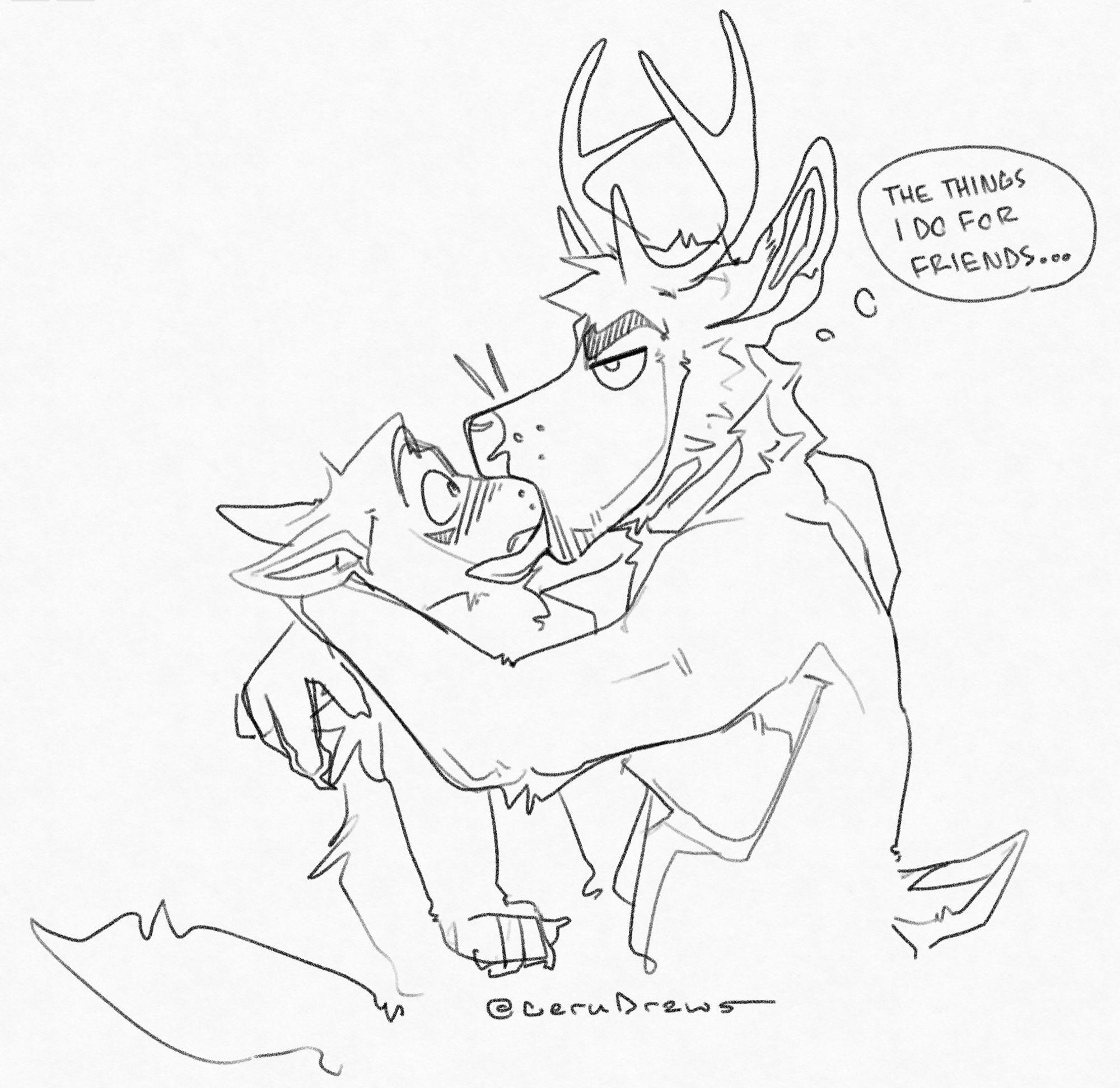 This is a black and white digital lineart drawing with simple sketch lines. A deer named Kobin has his arms wrapped around his friend, a wolf named Karlos, shoving him into his mouth, muzzle first. Karlos is blushing and surprised by this encounter and Kobin is mildly annoyed. There is a thought text bubble for Kobin with "The things I do for friends...".