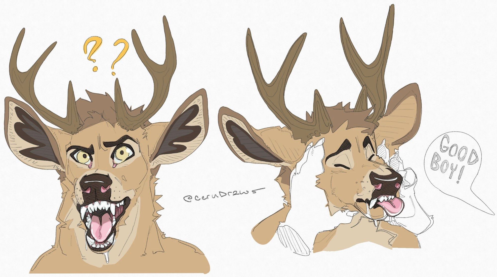 Deer with canine teeth showing off his teeth and also getting his face scrunched up by paws and being called a good boy!