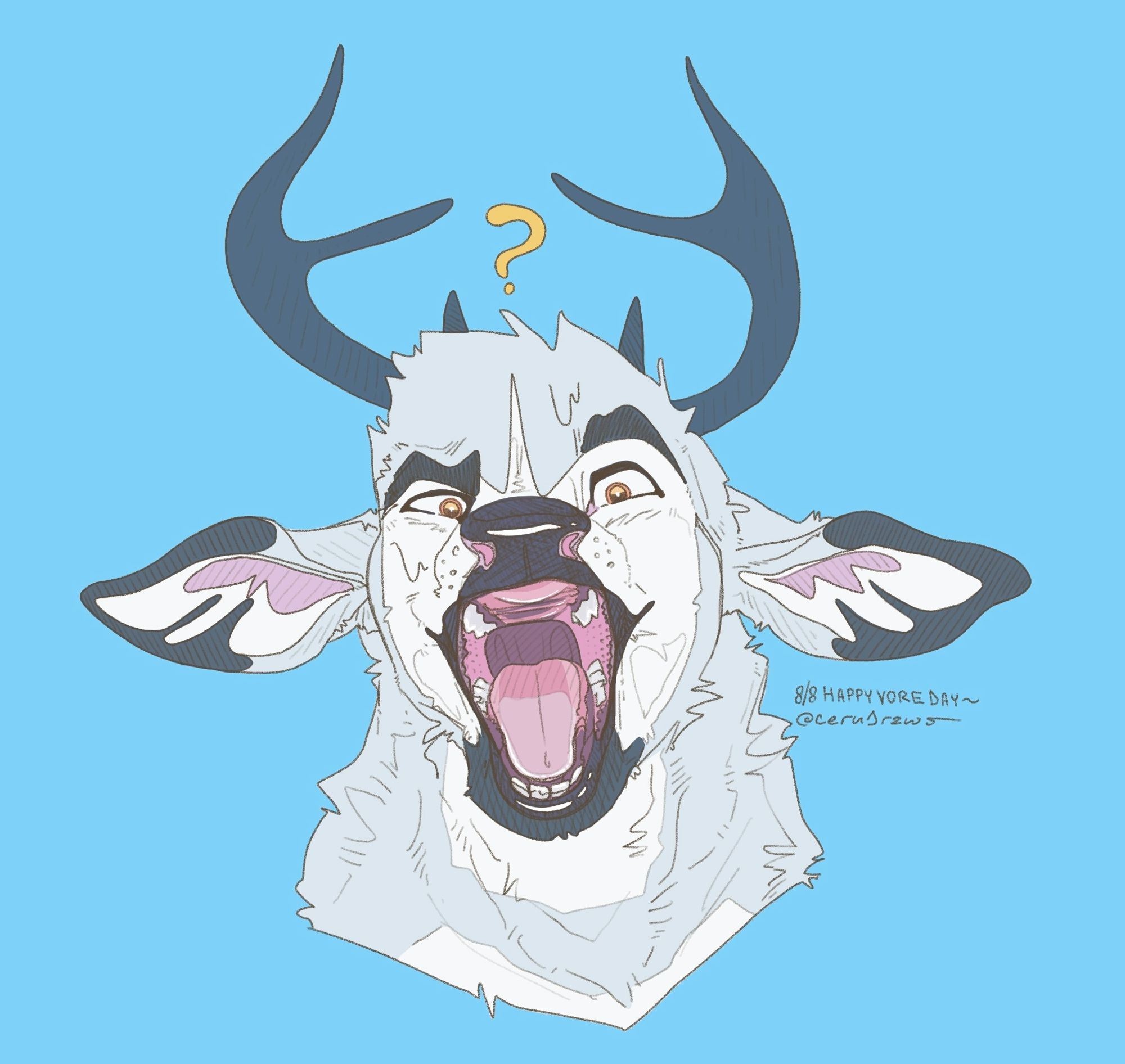 Kobin, anthropomorphic deer, looking at the viewer with a smile and full view of his maw.