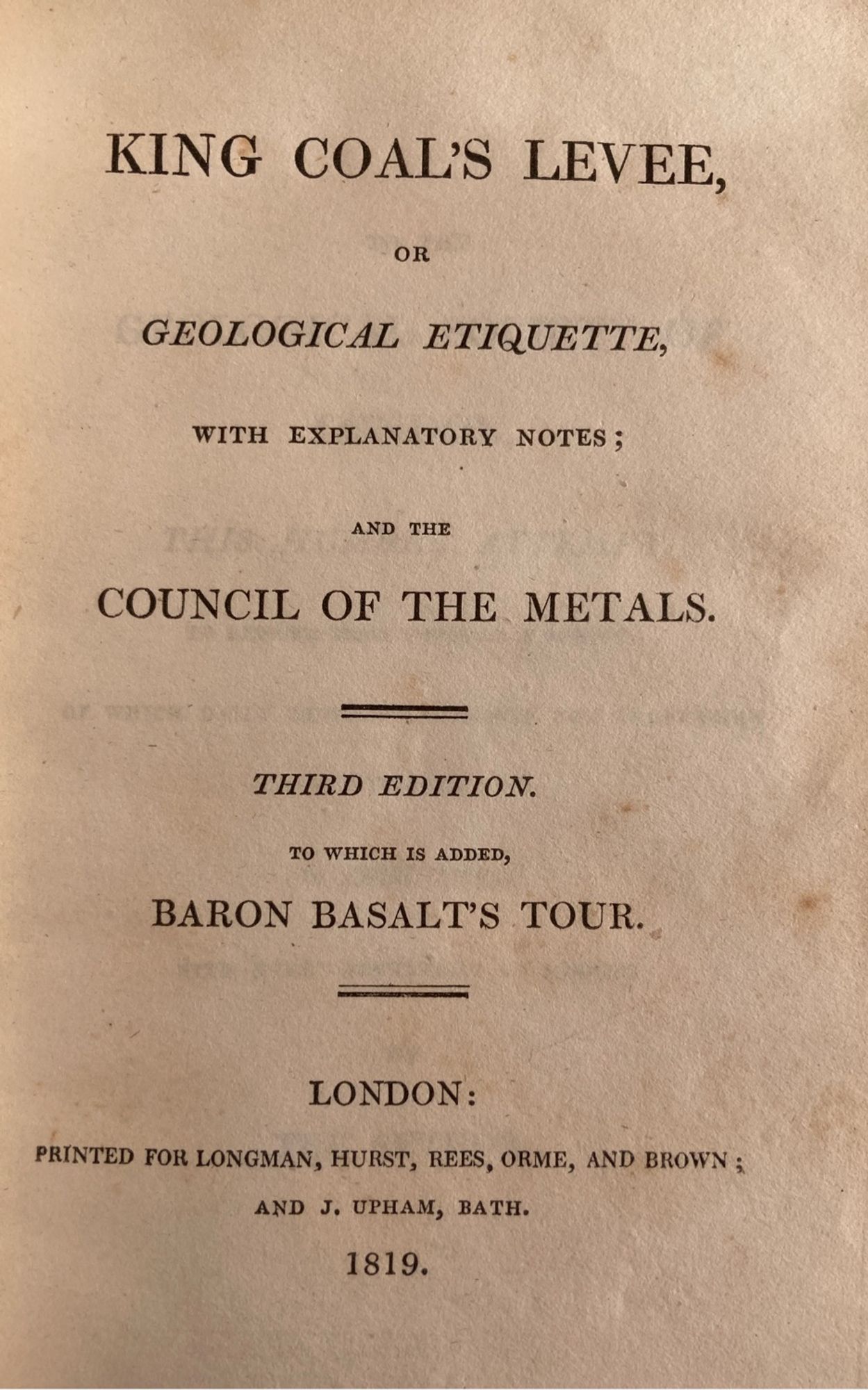 Title page of King Coal’s Levee, a poem and geological commentary published in  1819 (3rd edition) by Northumbrian poet John Scafe