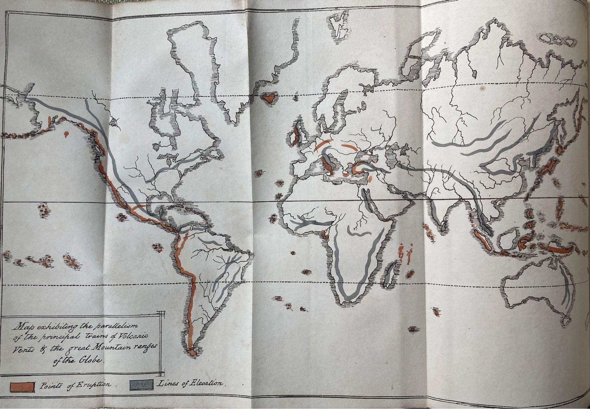 Map of the world from 1825 showing the  parallel trains of volcanic vents and great mountain ranges. From George Poulett Scrope’s ‘Considerations on Volcanos’, W Phillips, London 1825.