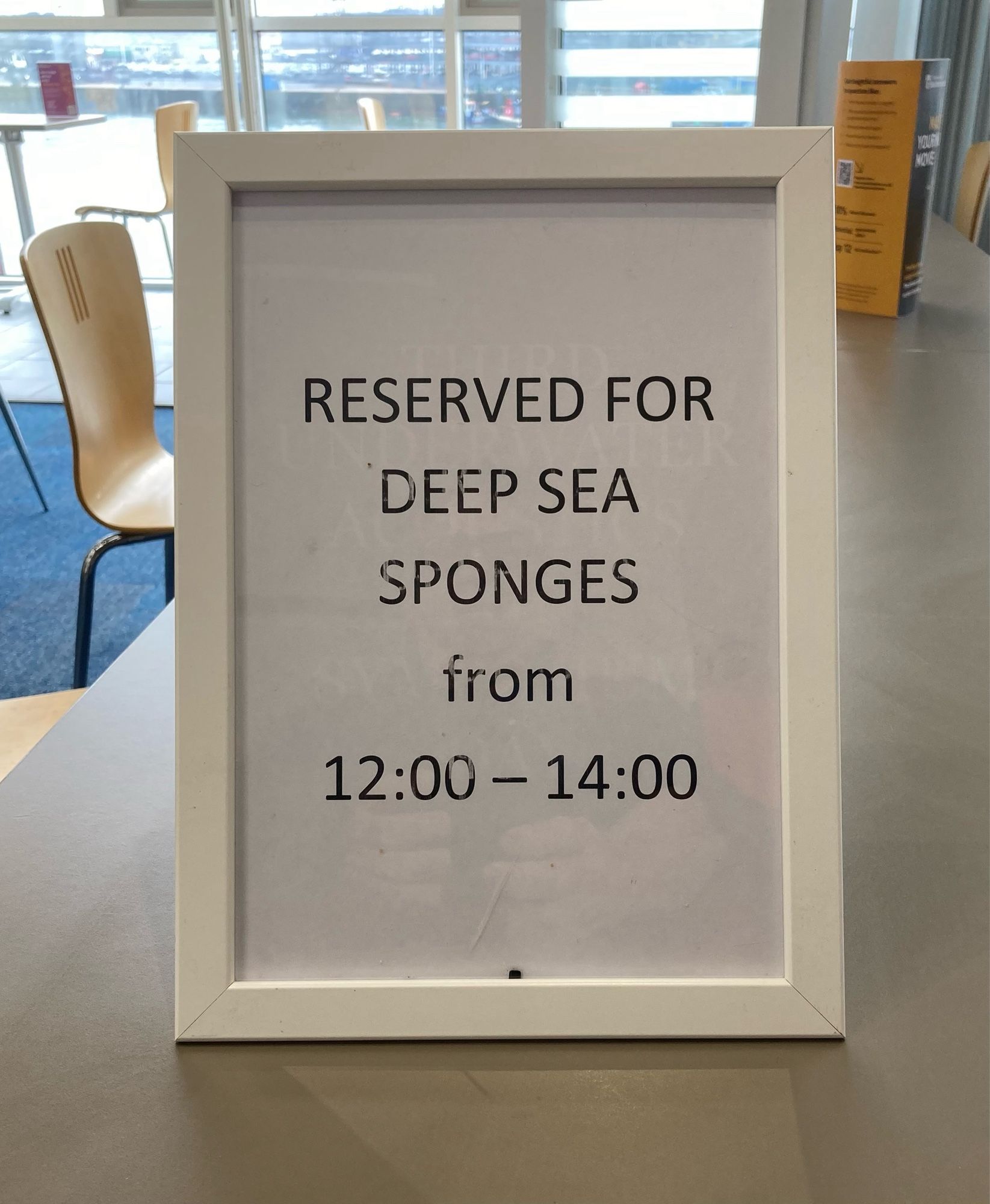 Sign at National Oceanography Centre cafeteria today ‘reserved for deep sea sponges’