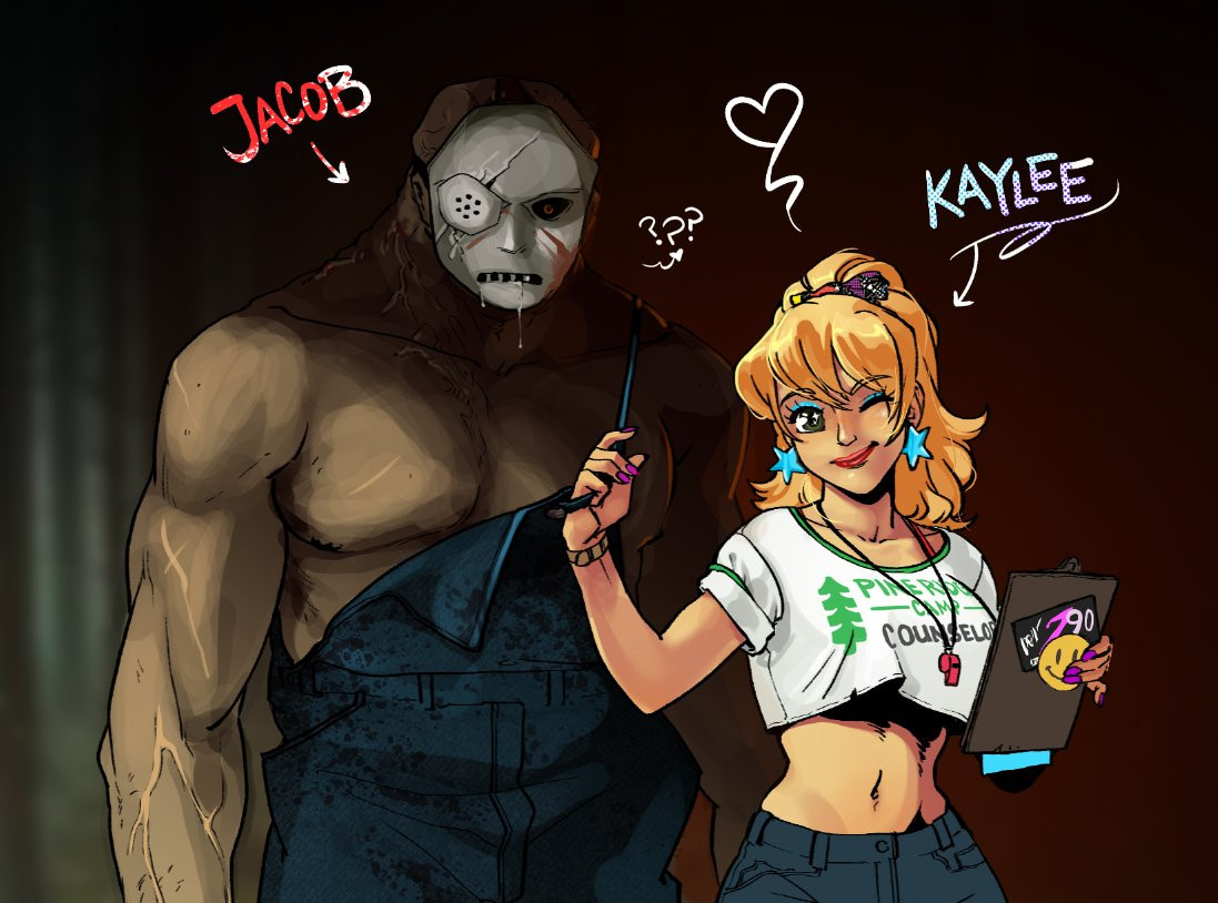 Jacob, a seven and a half foot tall, hulking, masked, and drooling mountain of muscle, stands with confused bewilderment next to a knockout blonde, Kaylee, who is bedecked in classic 80s fashion. They are a slasher and a camp counselor, and they're in love.