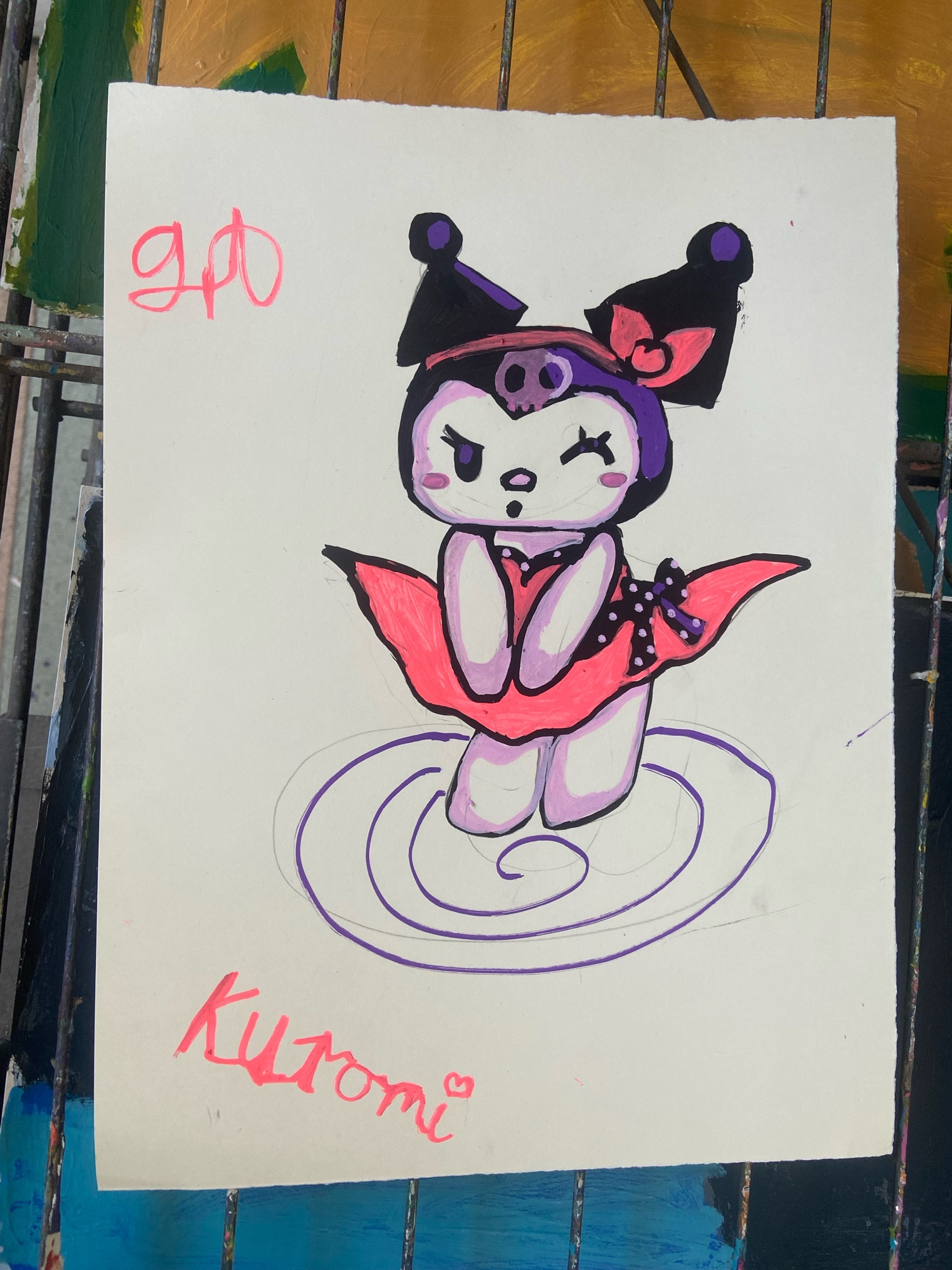 traditional artwork of a Sanrio character Kuromi in a 50s dress with a marylin monroe pose