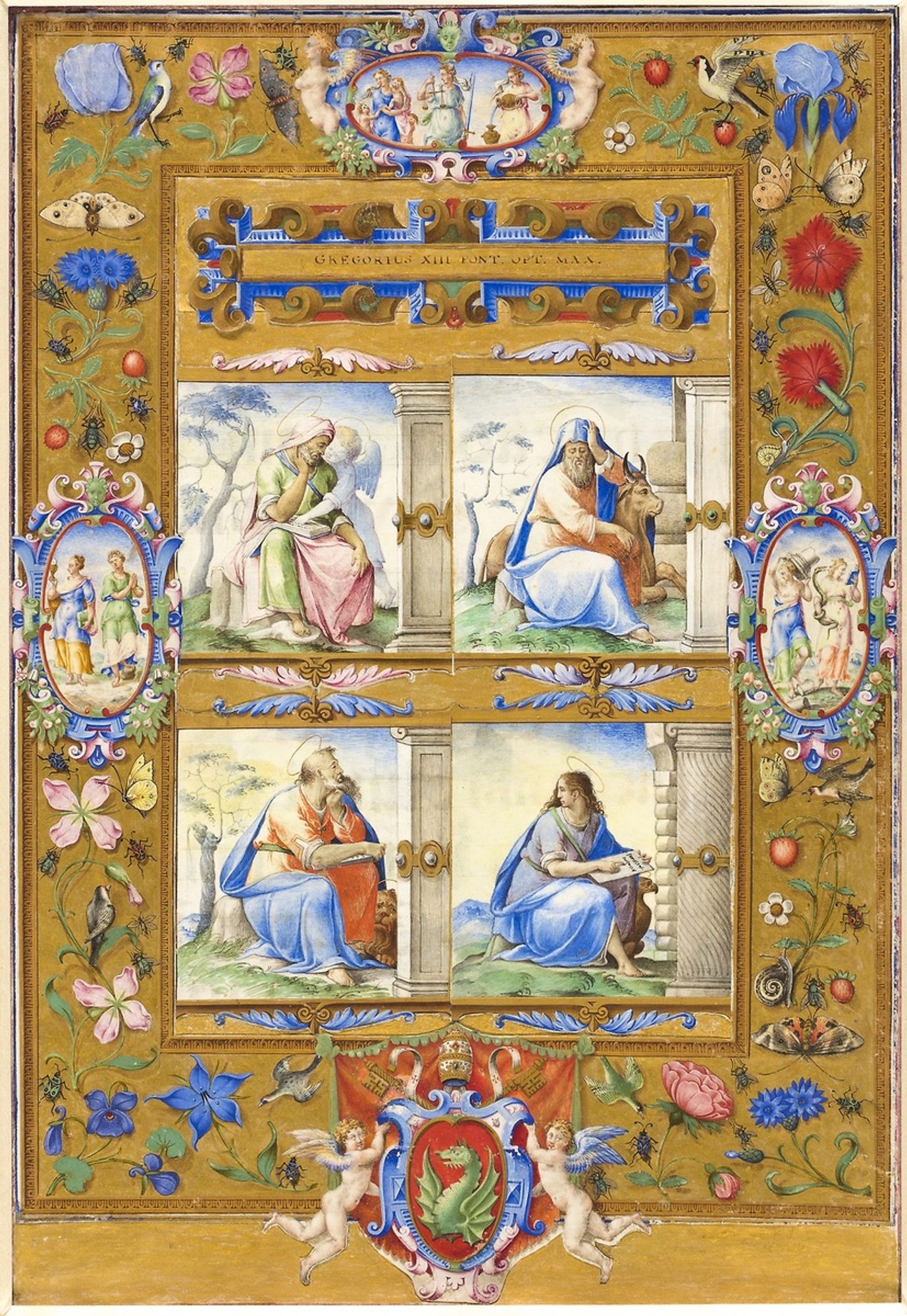 His contemporaries boasted that the illuminator Giorgio Giulio Clovio could paint the entire ' Sistine Ceiling on a single page. This Michelangelesque miniature is actually a collage, and the coat of arms of Pope Gregory XIII suggests that it belonged to a manuscript housed in the Sistine Chapel.  When Napoleon's troops raided Rome in the late 18th century, sixty manuscripts were stolen from the pontifical chapel; many of these are known to have been cut up and reassembled.

Bequest of Katherine R. Loewenthal