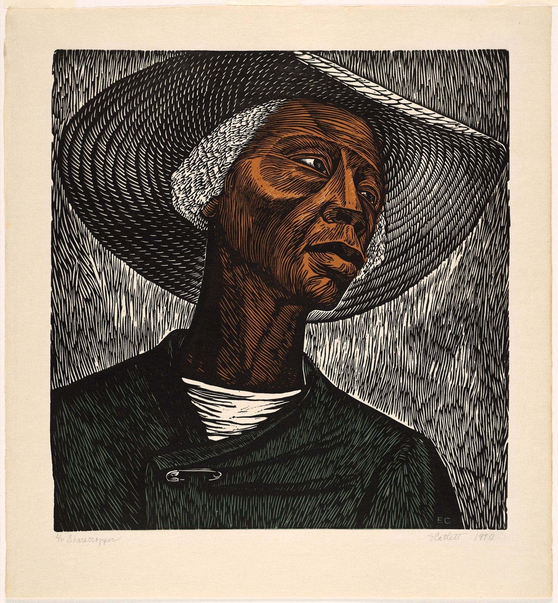 Elizabeth Catlett’s Sharecropper, possibly her most famous work, was made in Mexico, where she moved in 1946 to work at the Taller de Gráfica Popular (People’s Graphic Arts Workshop). She was influenced by the spirit of activism at the workshop, which inspired her to produce images of the hardships endured by African American women, as well as the accomplishments of figures such as Sojourner Truth and Harriet Tubman. Sharecropper, like many of her other works, shows Catlett’s activism on behalf of African American women in the South, who she believed maintained their dignity in the face of great adversity.

Restricted gift of Mr. and Mrs. Robert S. Hartman