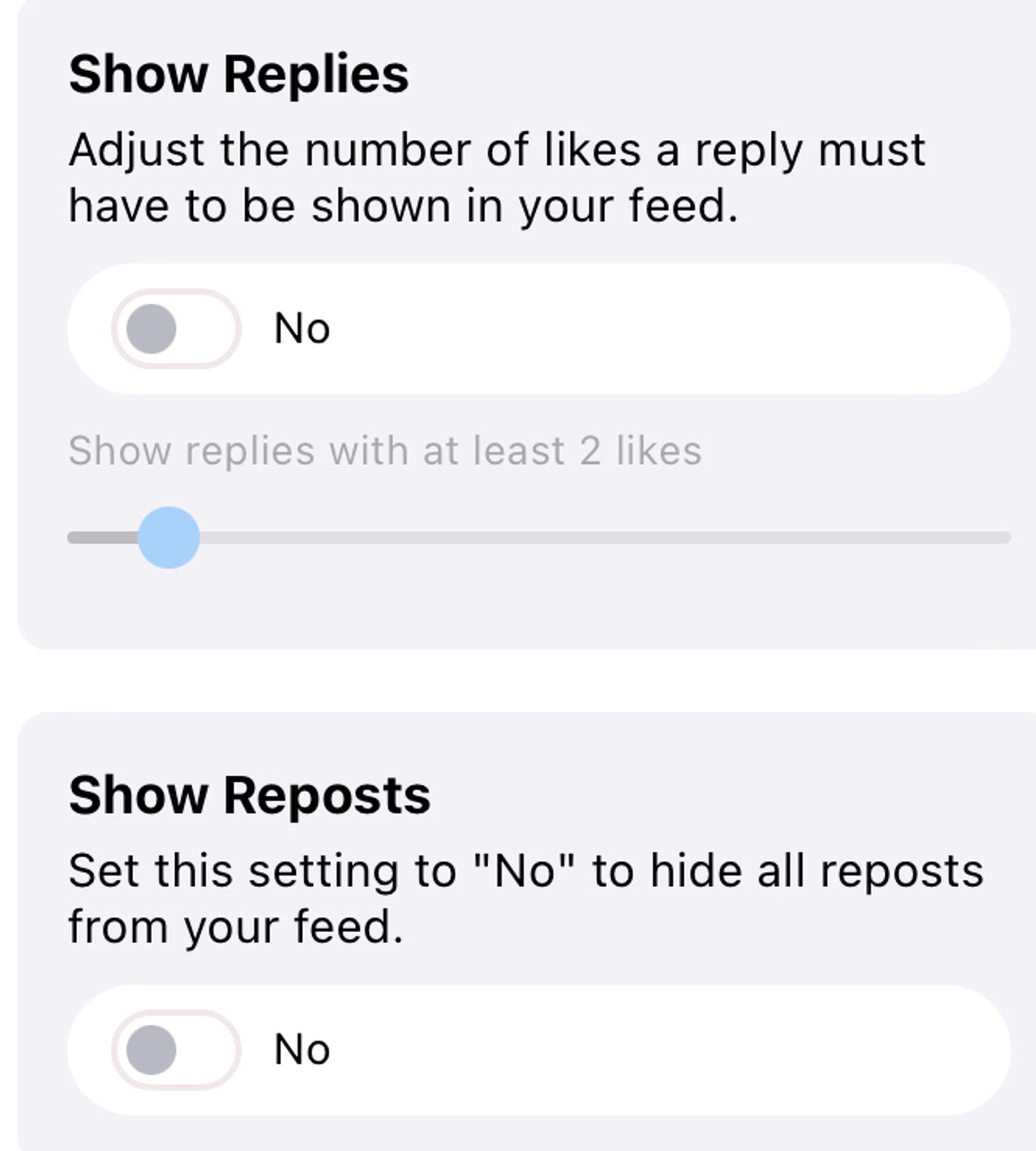 Screenshot mit deaktivierten Optionen für Show Replies und Show Reposts.