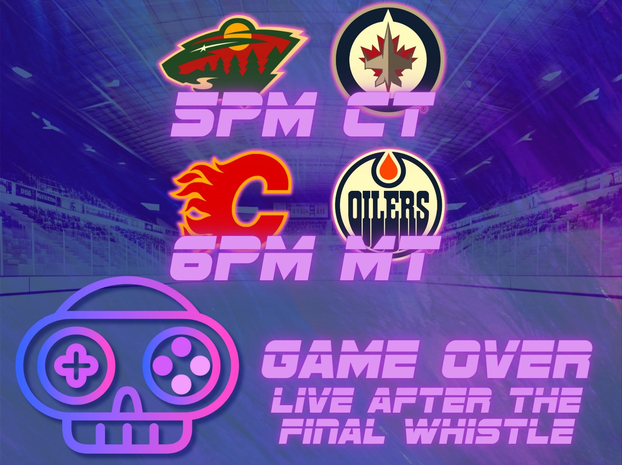 Game Over schedule for October 13. Minnesota vs Winnipeg starting at 5 PM central time, and Calgary vs Edmonton starting at 6 PM mountain time.