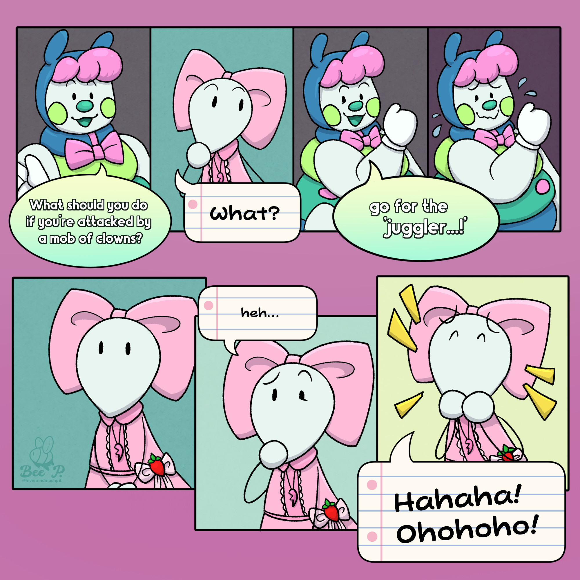 The third page of a comic inspired by the Roblox game Regretevator.

The first panel shows Pilby looking a little more confident than they have in previous panels, getting ready to share a joke.

Pilby: "What should you do if you're attacked by a mob of clowns?"

The second panel shows Mozelle thinking.

Mozelle: "What?"

The third and fourth panels both show Pilby swinging their arm to emphasize the punchline of the joke, though they look particularly nervous in the fourth panel, sweating and trying to smile through their nervousness.

Pilby: "Go for the 'juggler'!"

The last three panels show Mozelle progressively laughing more and more, firstly seeming silent, than laughing slightly, than bursting into laughter. The background gets progressively brighter as she begins to laugh more.

Mozelle: "heh... Hahaha! Ohohoho!"