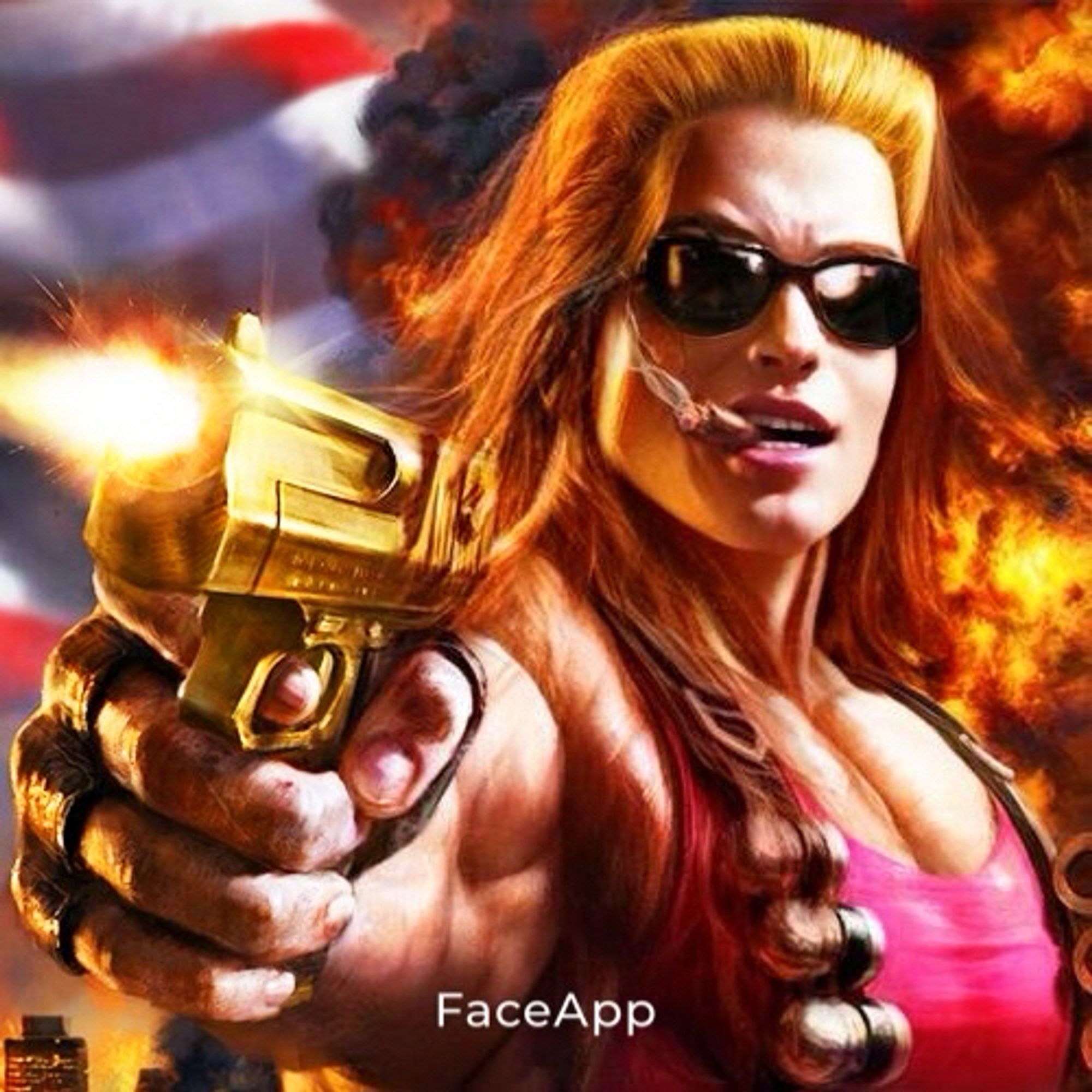 The video game character Duke Nukem faceapped to a girl, but not that good