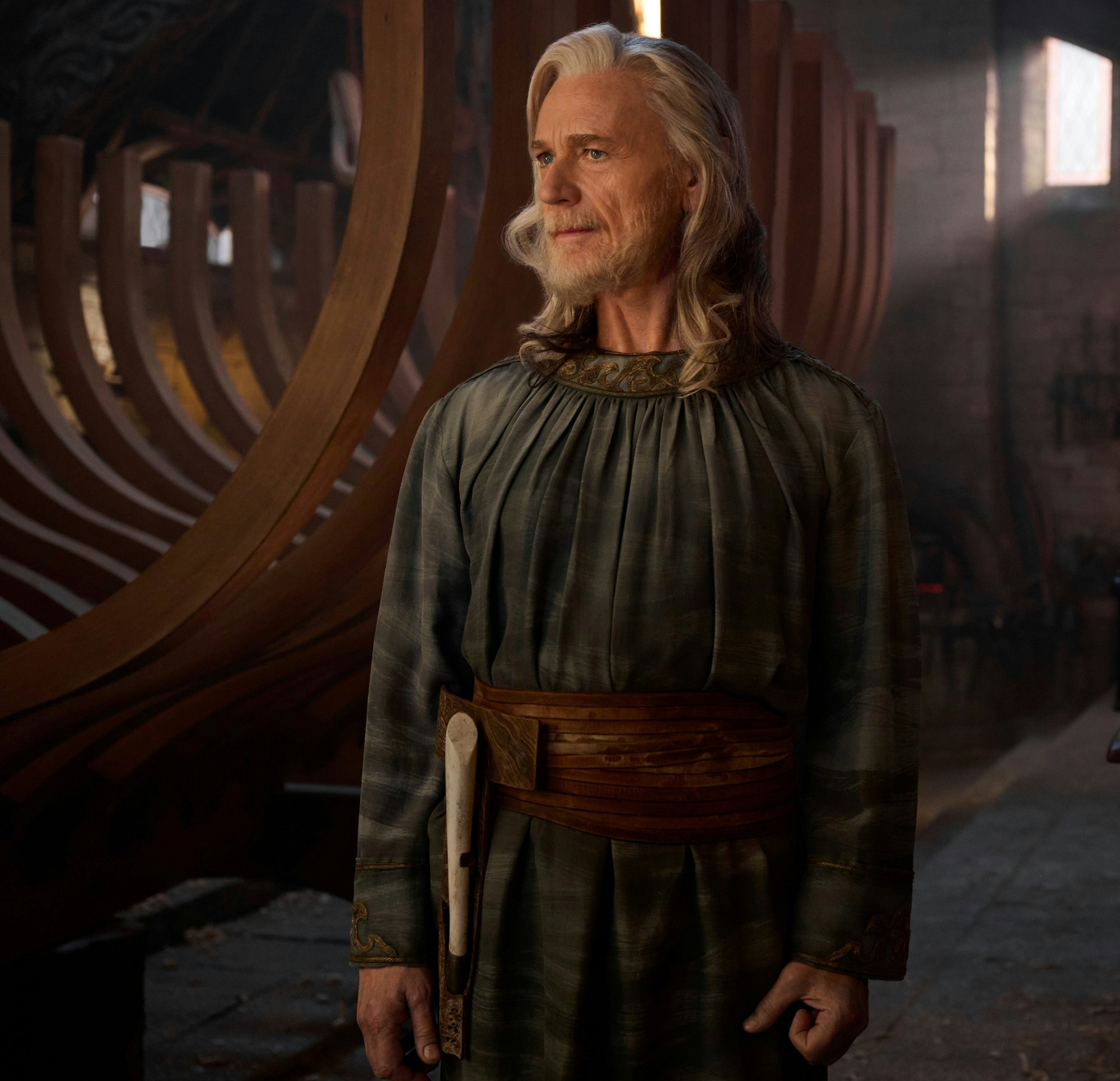 Elderly Elf with shoulder length grey hair and grey beard. Spines of a ship under construction in the background.