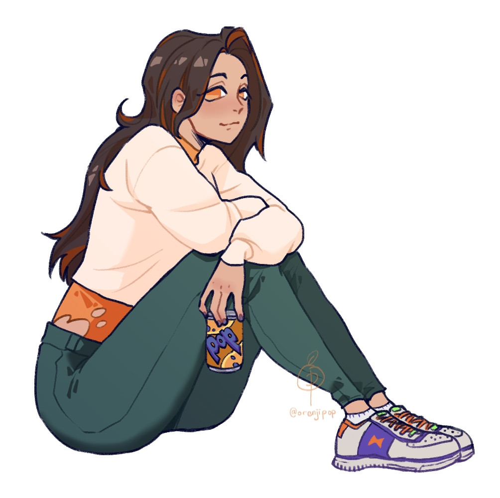 My avatar, just a girl with brown hair wearing green pants and a beige crop-top