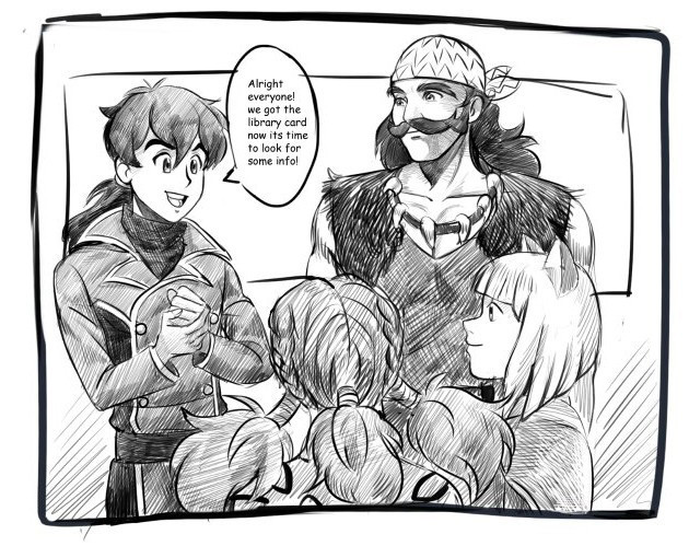 Roland speaking “Alright everyone! We got the library card now it’s time to look for some info!” 
Batu, Tani, Evan stand around Roland as listening before they go and gather in for for building a kingdom. These events take place early on in the game. 