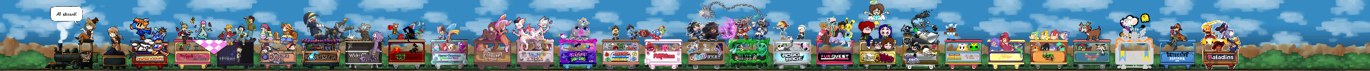 A very long train cart, featuring Pepper and her friends from the 2023 Paperverse Direct. Each car is its own game!