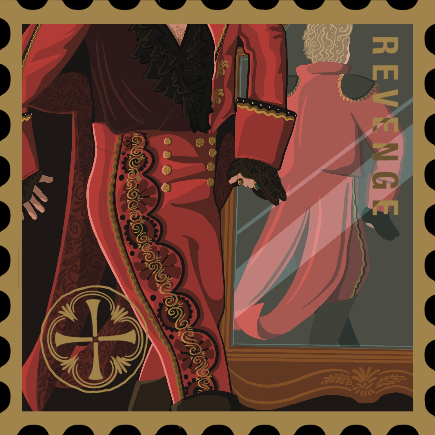 A stamp design featuring Stede in red his cursed suit, decorated ornately with gold and black embellishments. The back of him is reflected in a mirror.