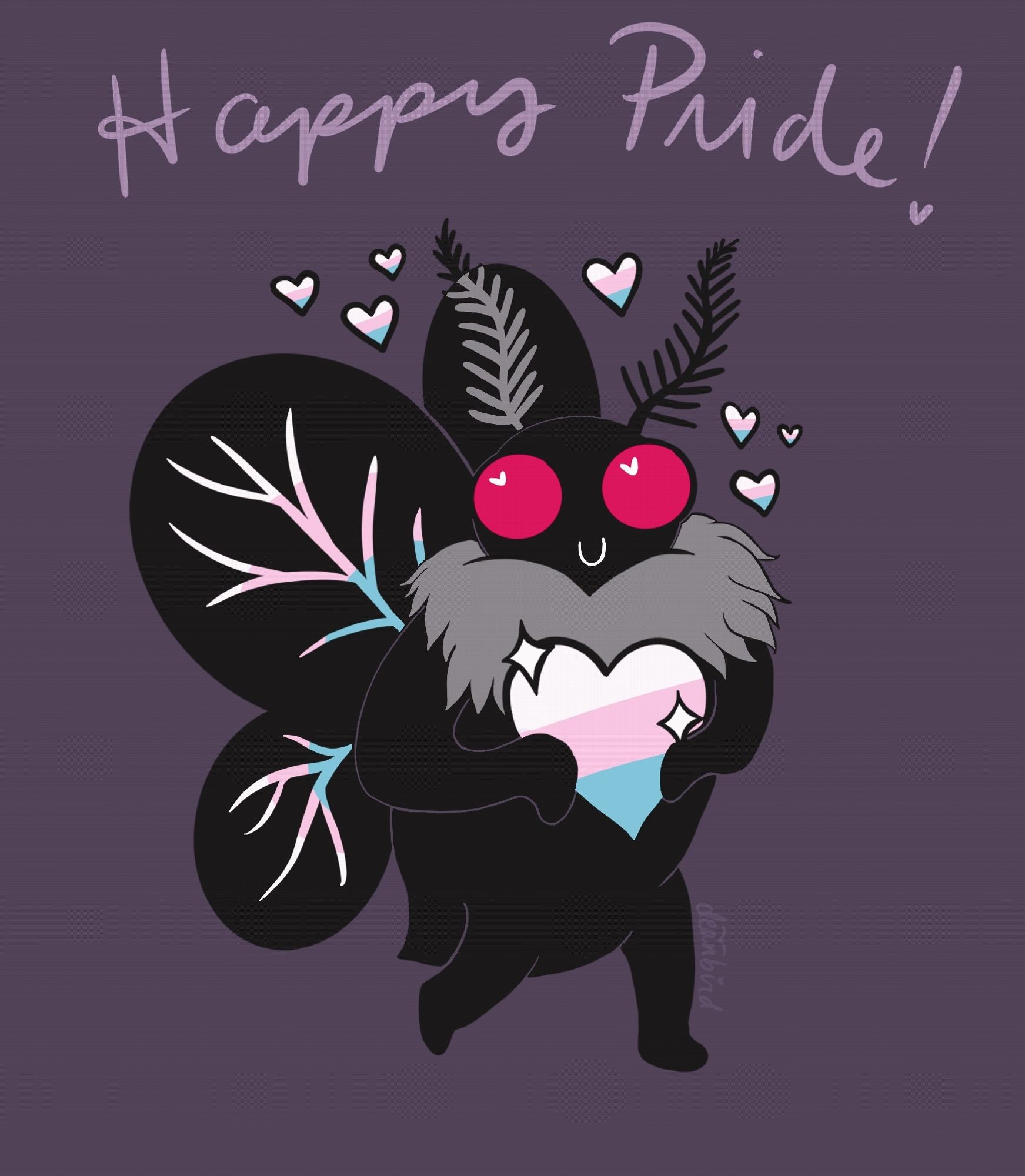 A gif of a cute looking Mothman, with big red eyes and holding a sparkling heart. There are hearts floating around its head as well. All of the hearts and the veins in its wings are flashing between several pride flag colors including trans, bi, pan, nonbinary, asexual, lesbian, and a general gay rainbow. The words "happy pride" are handwritten across the top.