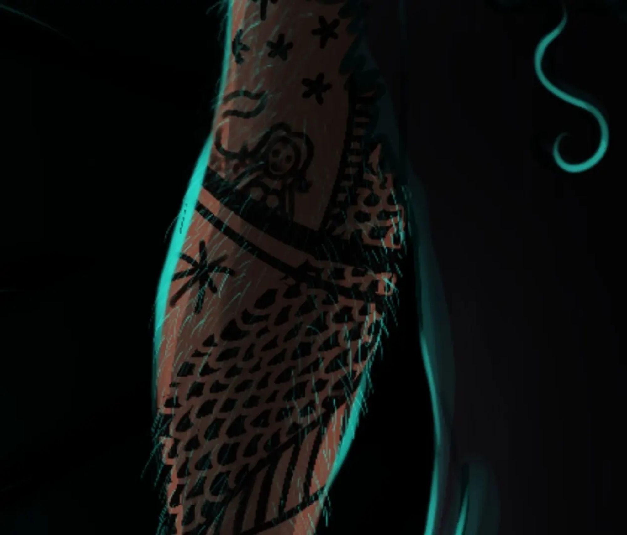 A zoomed in view of Ed's bicep, covered in tattoos and glowy fur.