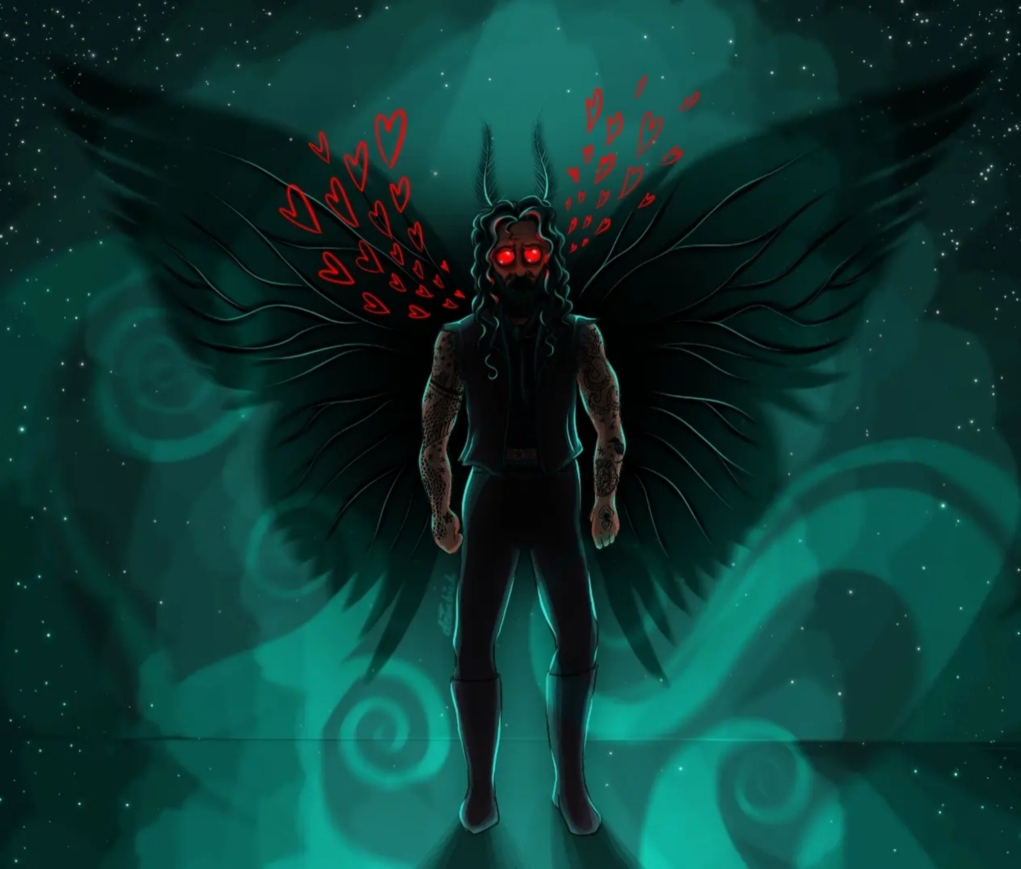 Ed as the Mothman. He has fuzzy antennae, dark translucent moth wings coming out of his back, and big, glowing red eyes. He's in shadow with bright teal highlights. He's wearing a black leather jacket with the arms ripped off over a dark purple shirt and leather pants and boots. He has what looks like a soft layer of short, sparse fur on his arms and exposed tummy. His curly hair is down, draped across his face and he has a short beard. There are bright teal swirls and pinpricks of stars in the background, but no dark tendrils spreading out from beneath his feet like in the original drawing. He has several red hearts spreading out from his head in two groupings.