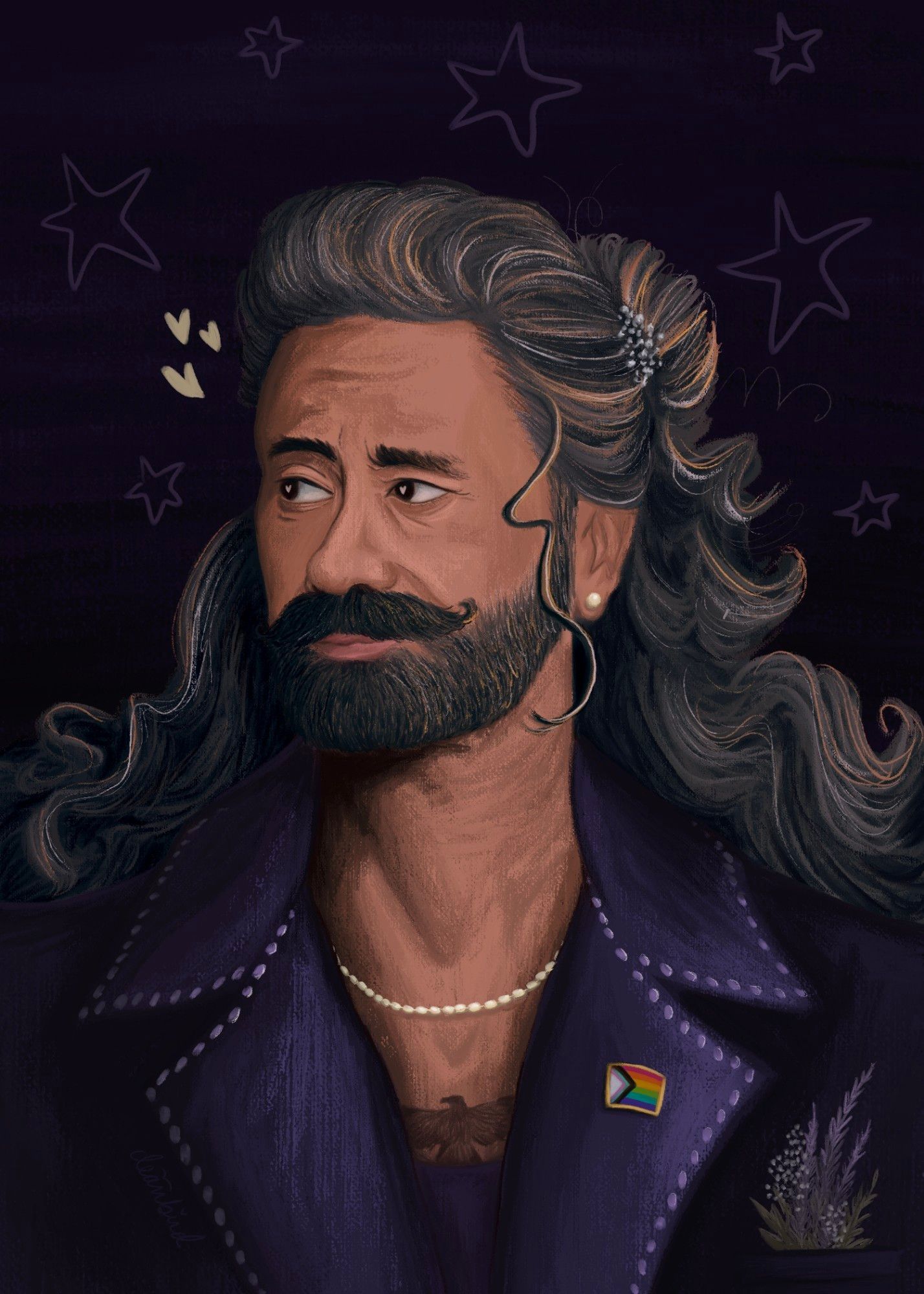 A portrait of Edward Teach from Our Flag Means Death drawn in the like was of Taika Waititi at the 2024 Peabody Awards. Ed is wearing a dark purple suit jacket and light purple shirt beneath, a lavender and baby's breath boutonniere, baby's breath in his hair, and long flowing curls half pinned up. He's got a pearl earring, pearl necklace, pride flag pin and jewels bedazzled into the borders of his lapels. He's looking off to his right with hearts in his eyes. There are a couple hearts by his temple, and decorative stars drawn behind him.