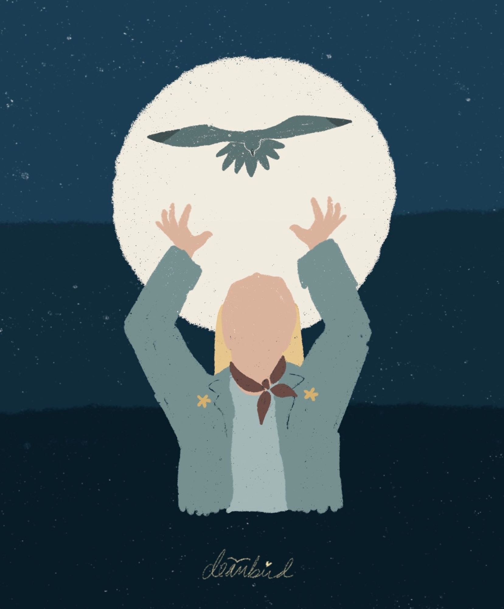 an illustration of the character buttons from our flag means death, drawn from the waist up. his arms are raised and he's looking upwards towards a gull that is hovering in midair above him. the full moon is behind them both.