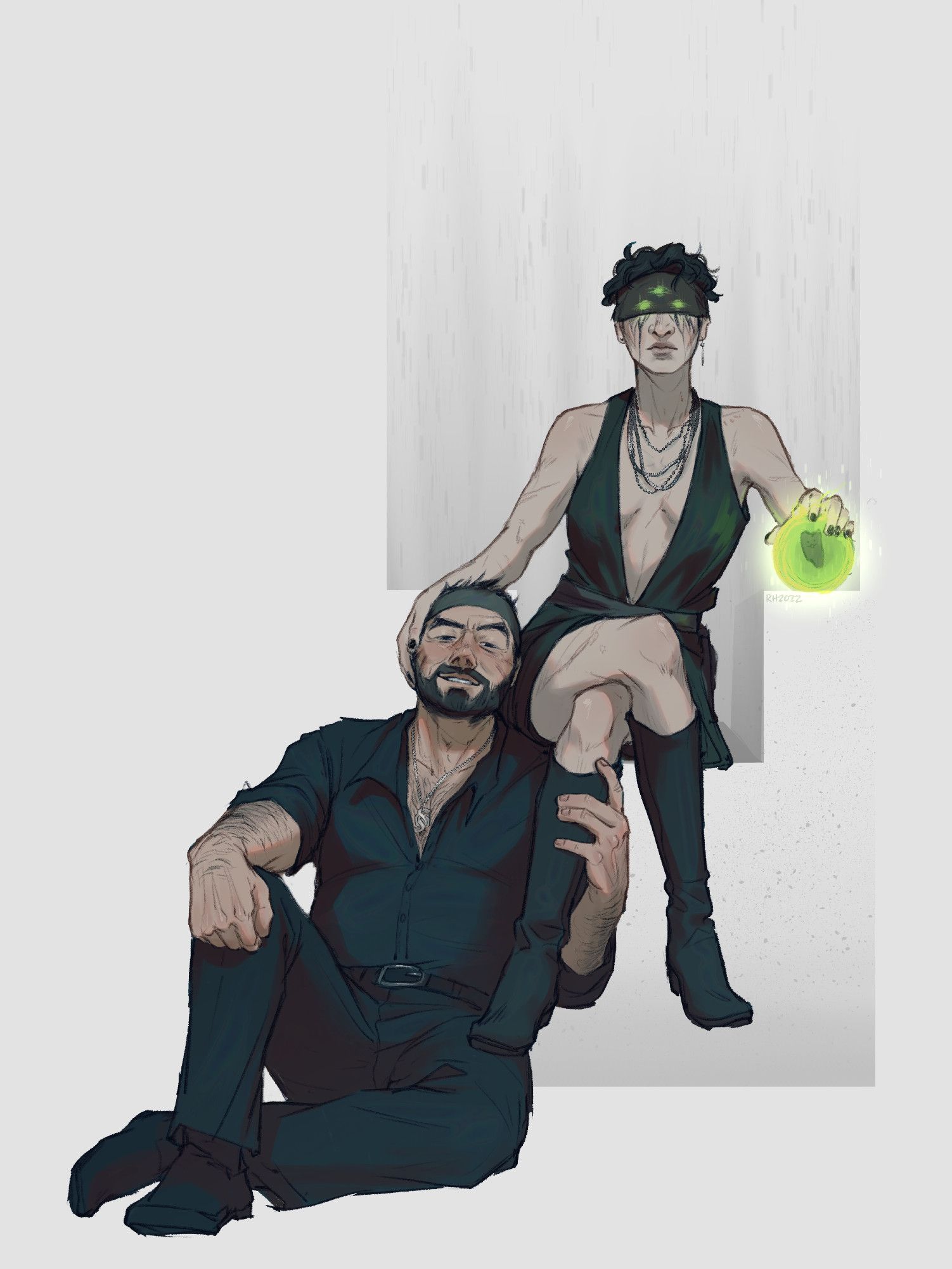 Characters from Destiny 2. A digital drawing of Drifter and Eris, colored with cooler, muted tones. Eris sits on an abstract throne, one leg crossed over the other, and she is wearing an open front dress with long boots that come up to below her knees. One hand rests on her orb while the other caresses Drifter's face, who sits on the floor beneath her with his head resting against her thigh. He is wearing a dark dress shirt and pants, and he holds Eris's leg with one hand, the other resting on his upraised knee. They are both facing forward and looking at the viewer, their expressions confident.