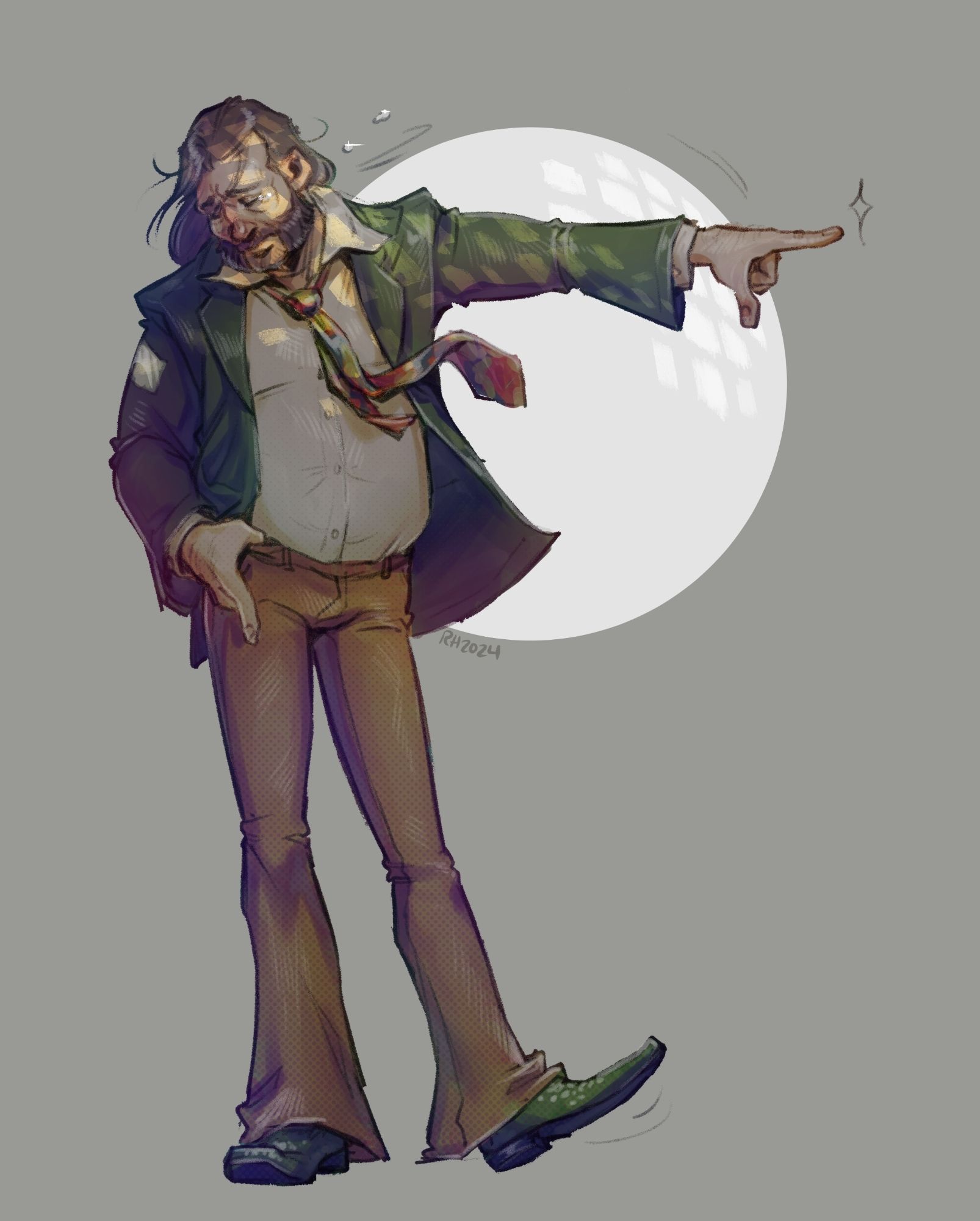 Digital art of Harry Du Bois from Disco Elysium doing a little pointing disco dance move while tears are flung away from his face.