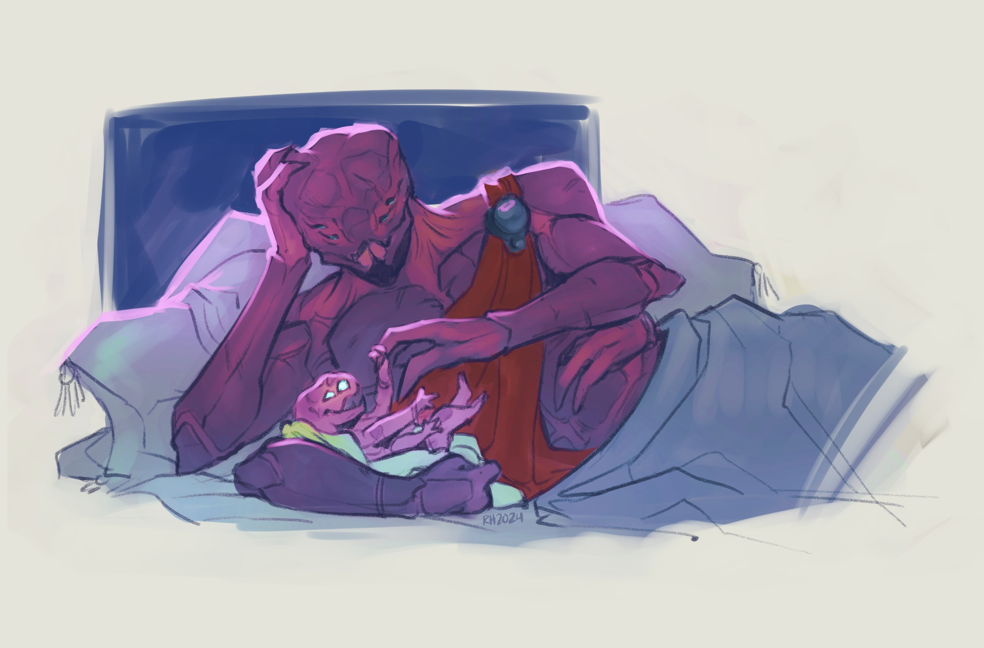 Characters from Destiny 2. A colored digital sketch of Misraaks with baby Eido, reclining together, Eido bundled in one of his arms while she grabs another of his claws.