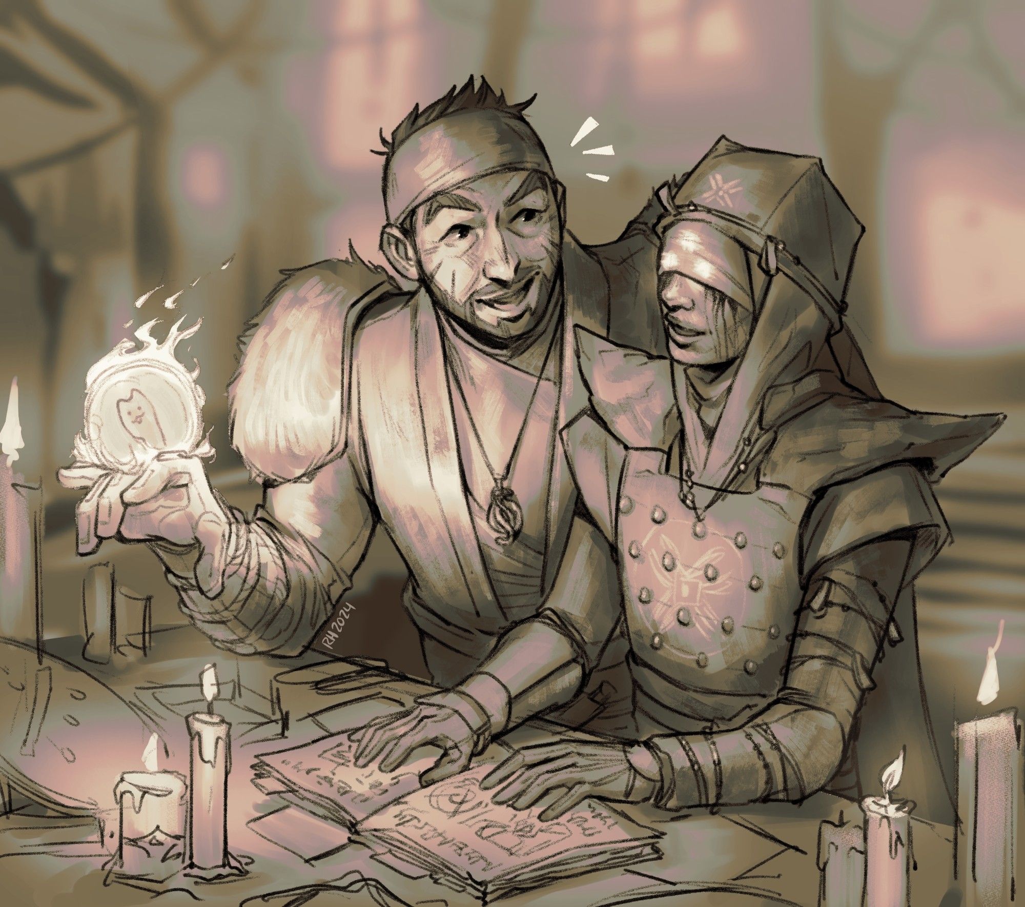 Digital art done in warm tones. Characters from Destiny 2. Drifter and Eris stand together at Eris's work table. Her hands rest on an open book while Drifter leans beside her, rolling her orb across his knuckles casually while they talk amiably.