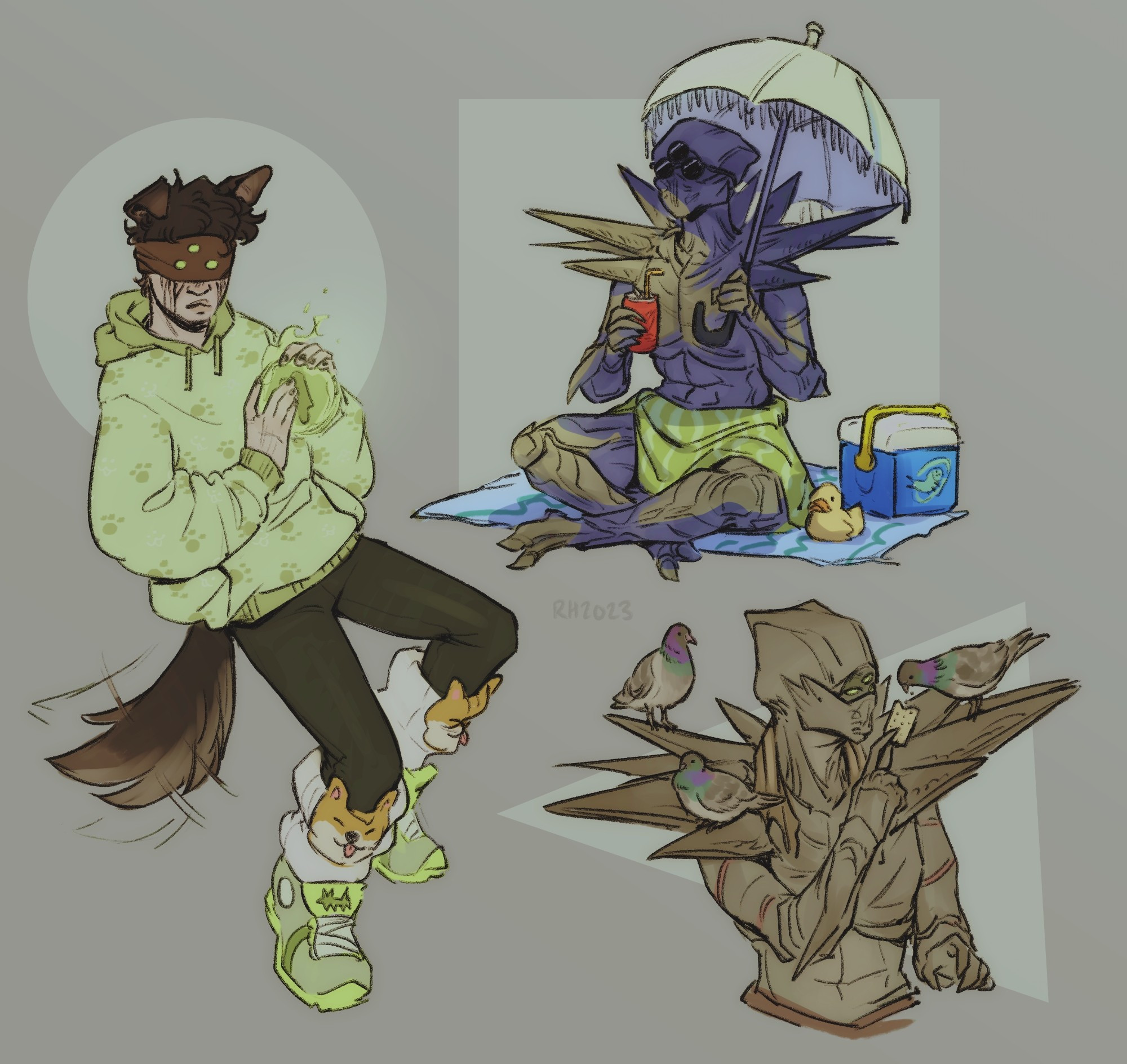 Three colored digital sketches of Eris Morn from Destiny 2. One is dog girl Eris, wearing a modern casual dog-themed outfit consisting of a big hoodie, leggings, leg warmers, and chunky sneakers. Another sketch is of Hive Eris at the beach, holding a canned beverage and a small parasol, while wearing sunglasses. The last sketch shows Hive Eris feeding a pigeon that is standing on her shoulder spikes, with two more pigeons on the spikes on her opposite shoulder.